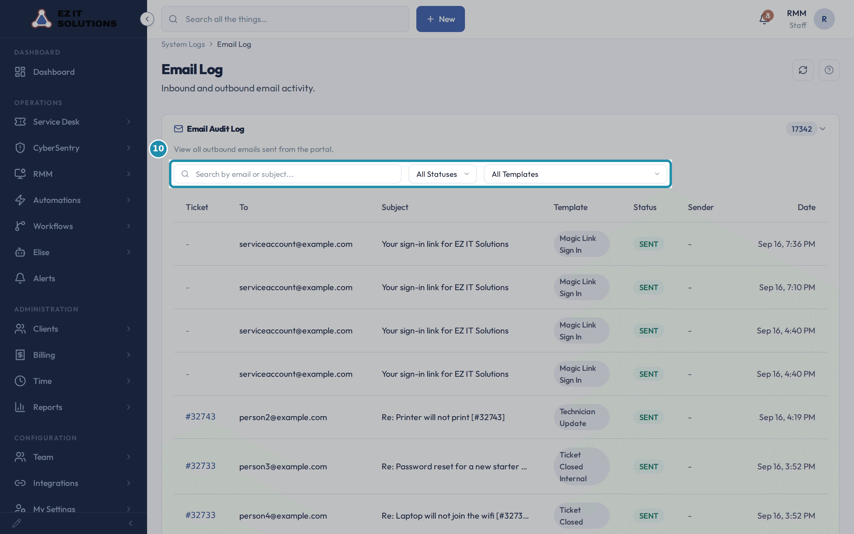 The Email Log page with a numbered teal box around its search field, the All Statuses filter and the All Templates filter.