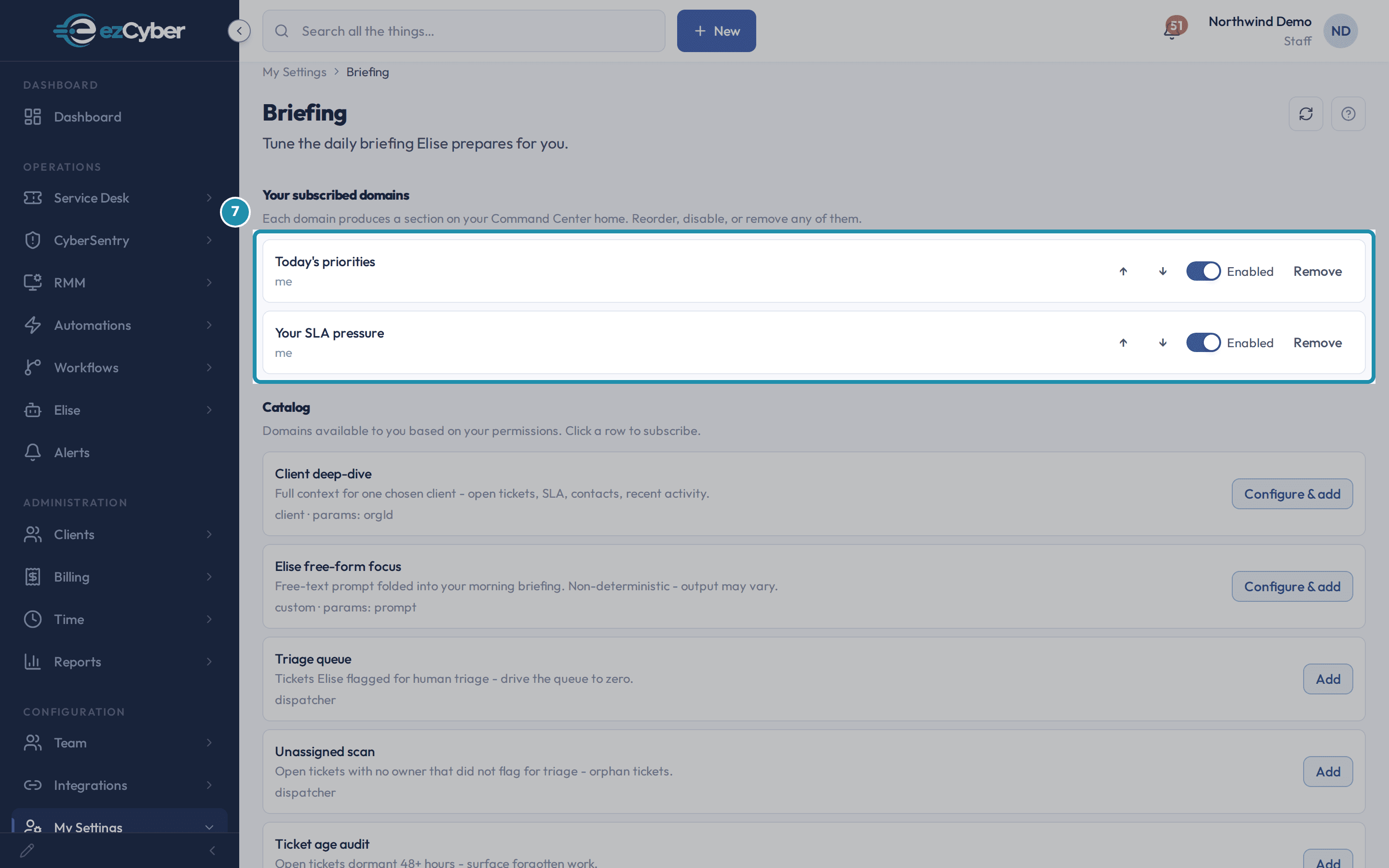 Your subscribed domains listing Today's priorities and Your SLA pressure, each with reorder arrows, an Enabled toggle, and Remove.
