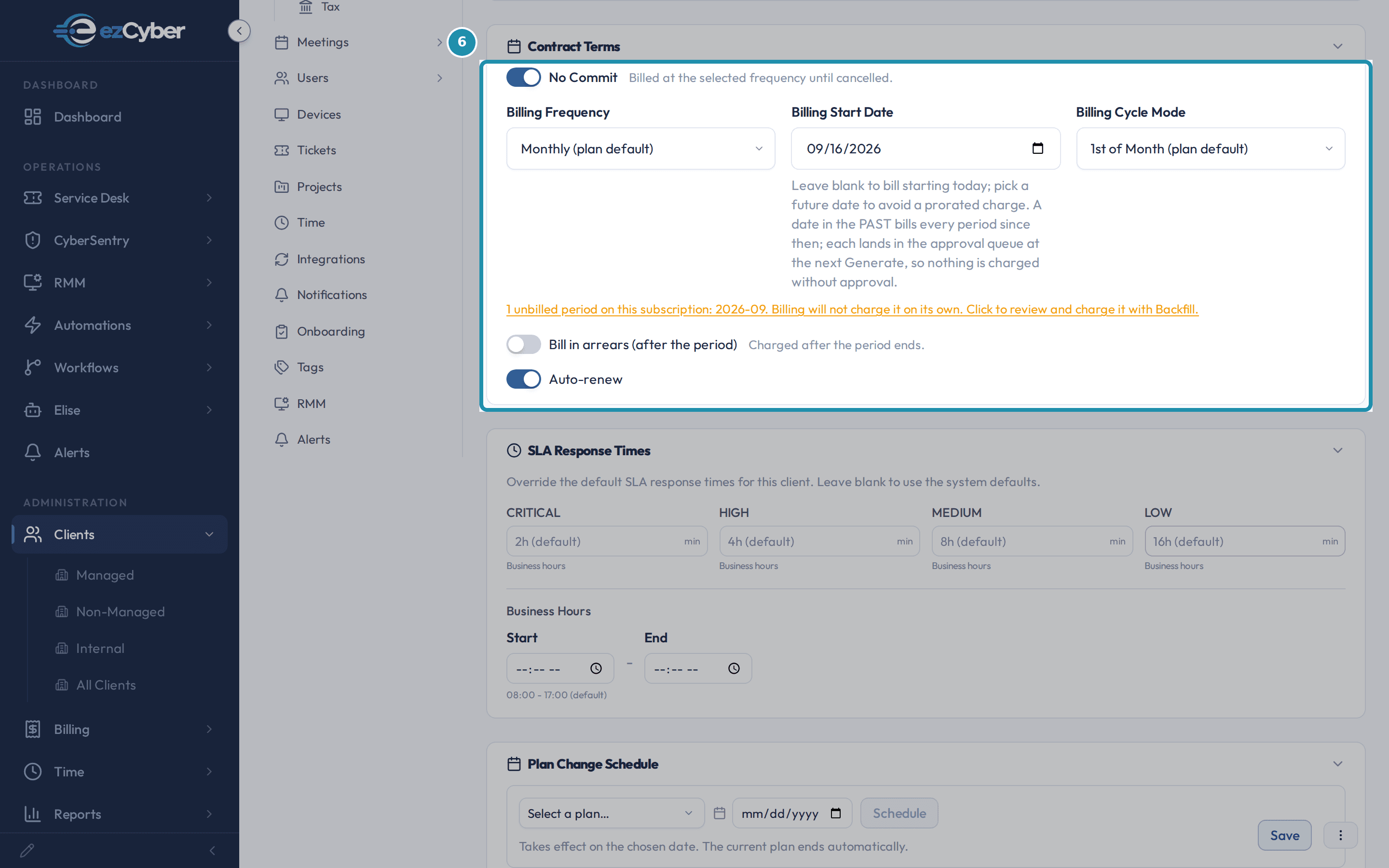 Harbor Freight Logistics's subscription Contract Terms panel with a numbered teal badge, showing No Commit on and an orange banner naming one unbilled period that billing will not charge on its own.
