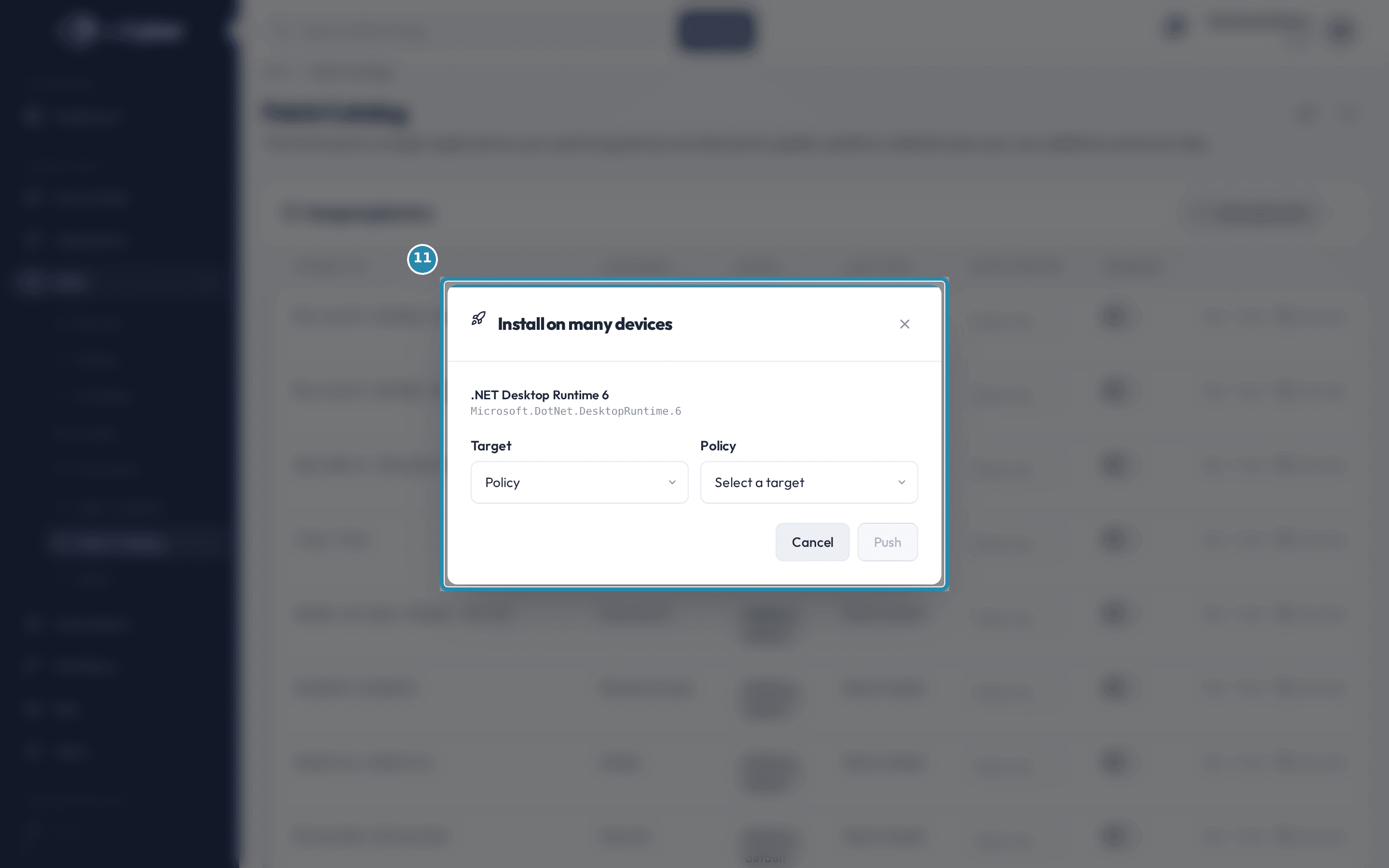 The Patch Catalog's Install on many devices dialog with a numbered teal badge, showing Target set to Policy and the second field relabeled Policy, still waiting for a selection.