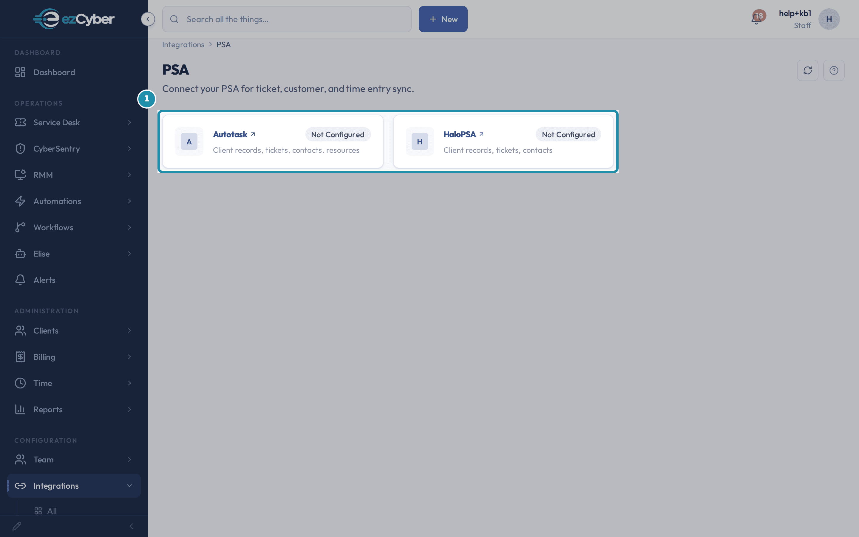 The Integrations PSA page with the Autotask and HaloPSA cards highlighted, both showing a Not Configured badge and a one line description of what each reads.