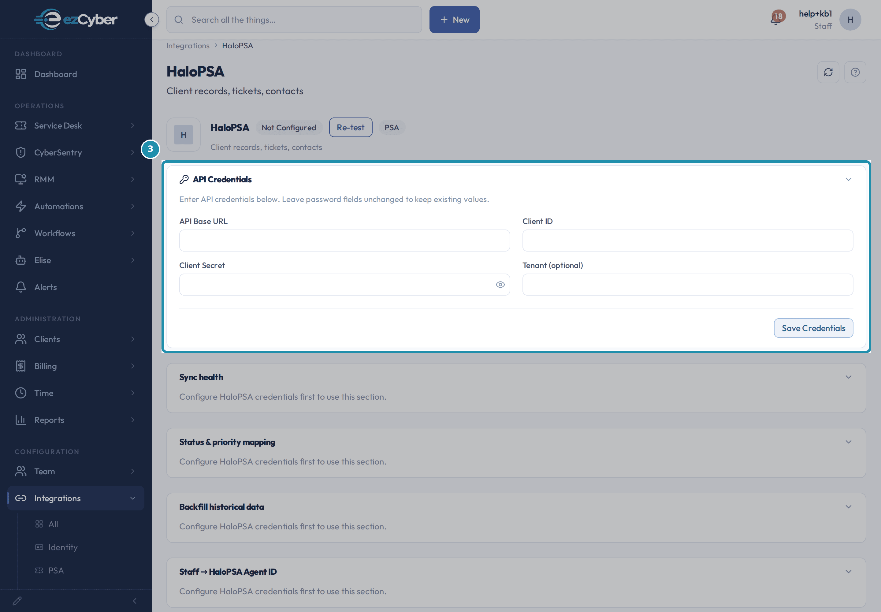The HaloPSA integration page with the API Credentials card highlighted, showing API Base URL, Client ID, Client Secret, Tenant and the Save Credentials button.