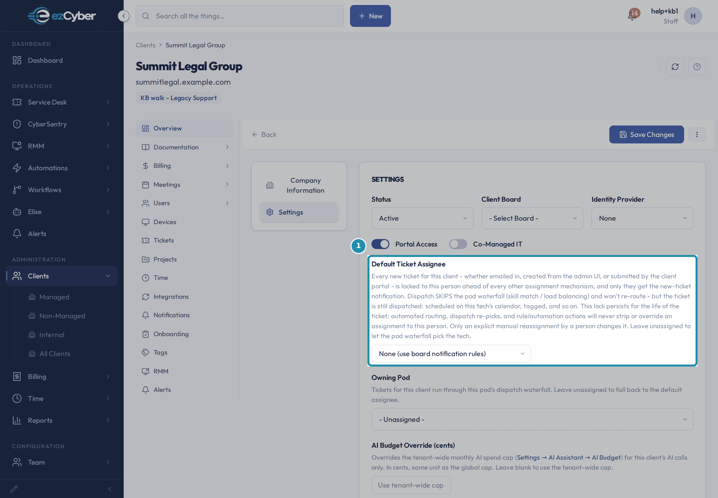 The client's Settings tab on the edit form, with the Default Ticket Assignee field and its explanatory note highlighted, the field reading None (use board notification rules).