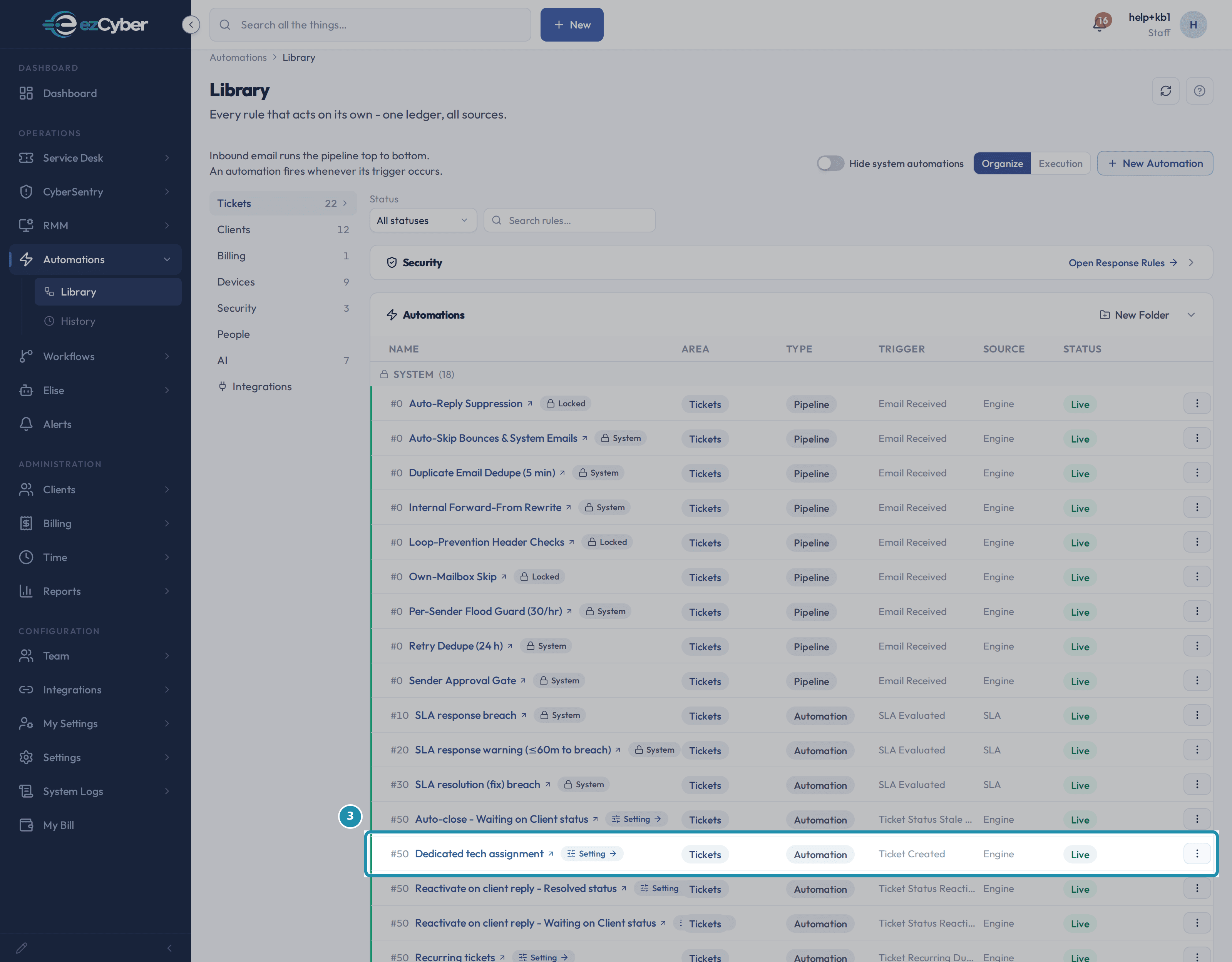 The Automations Library page, Tickets area, with the Dedicated tech assignment row highlighted in the SYSTEM group, tagged Setting, trigger Ticket Created, status Live.
