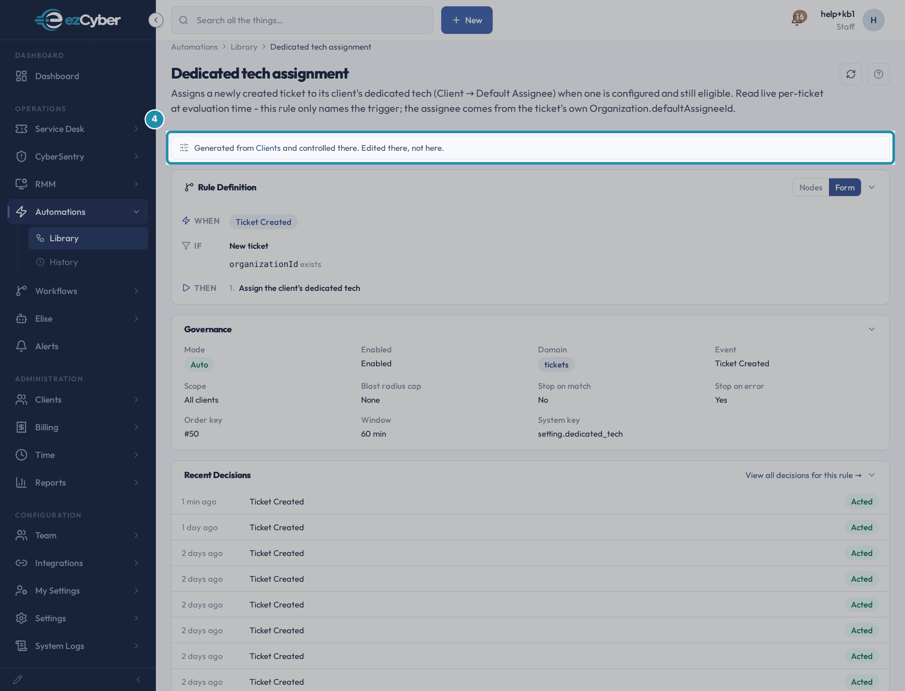 The Dedicated tech assignment rule page with the line "Generated from Clients and controlled there. Edited there, not here." highlighted under the rule name.