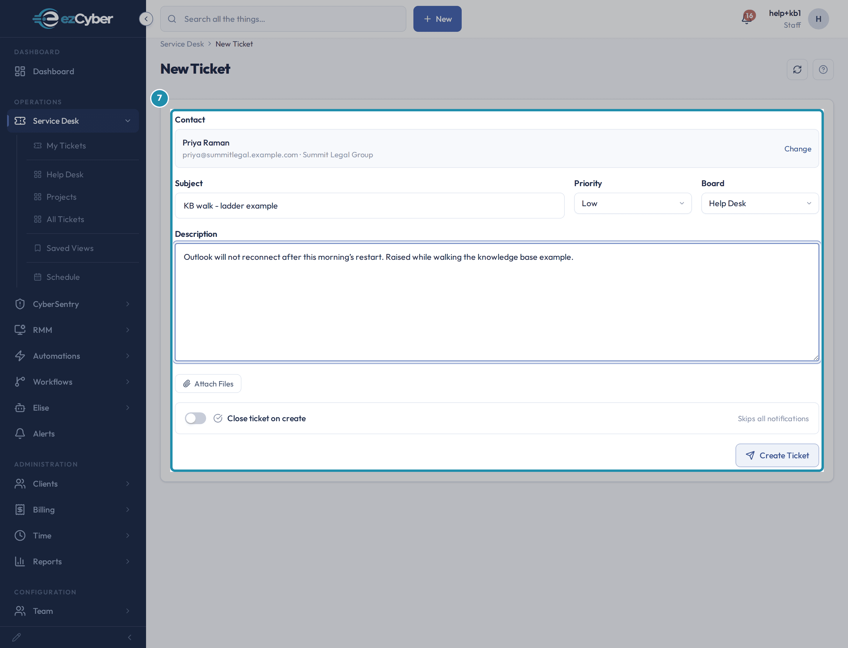 The New Ticket form filled in for a contact at Summit Legal Group, highlighted, with fields for Contact, Subject, Priority, Board and Description and no assignee field.