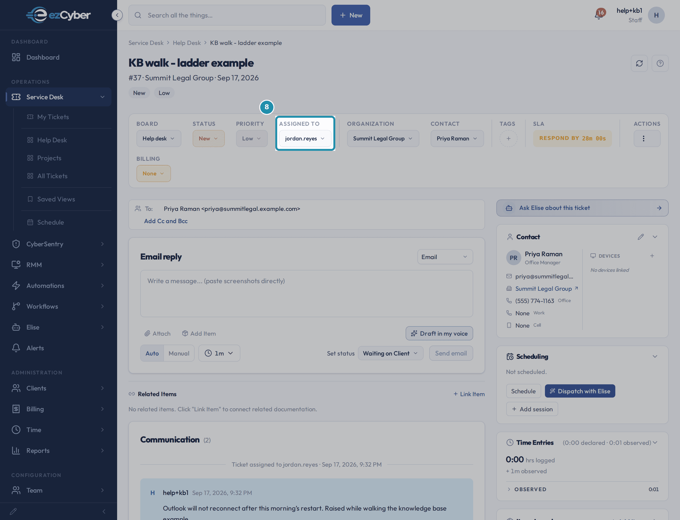 The new ticket's header row with the ASSIGNED TO field highlighted, reading jordan.reyes, beside Board, Status, Priority, Organization and Contact.