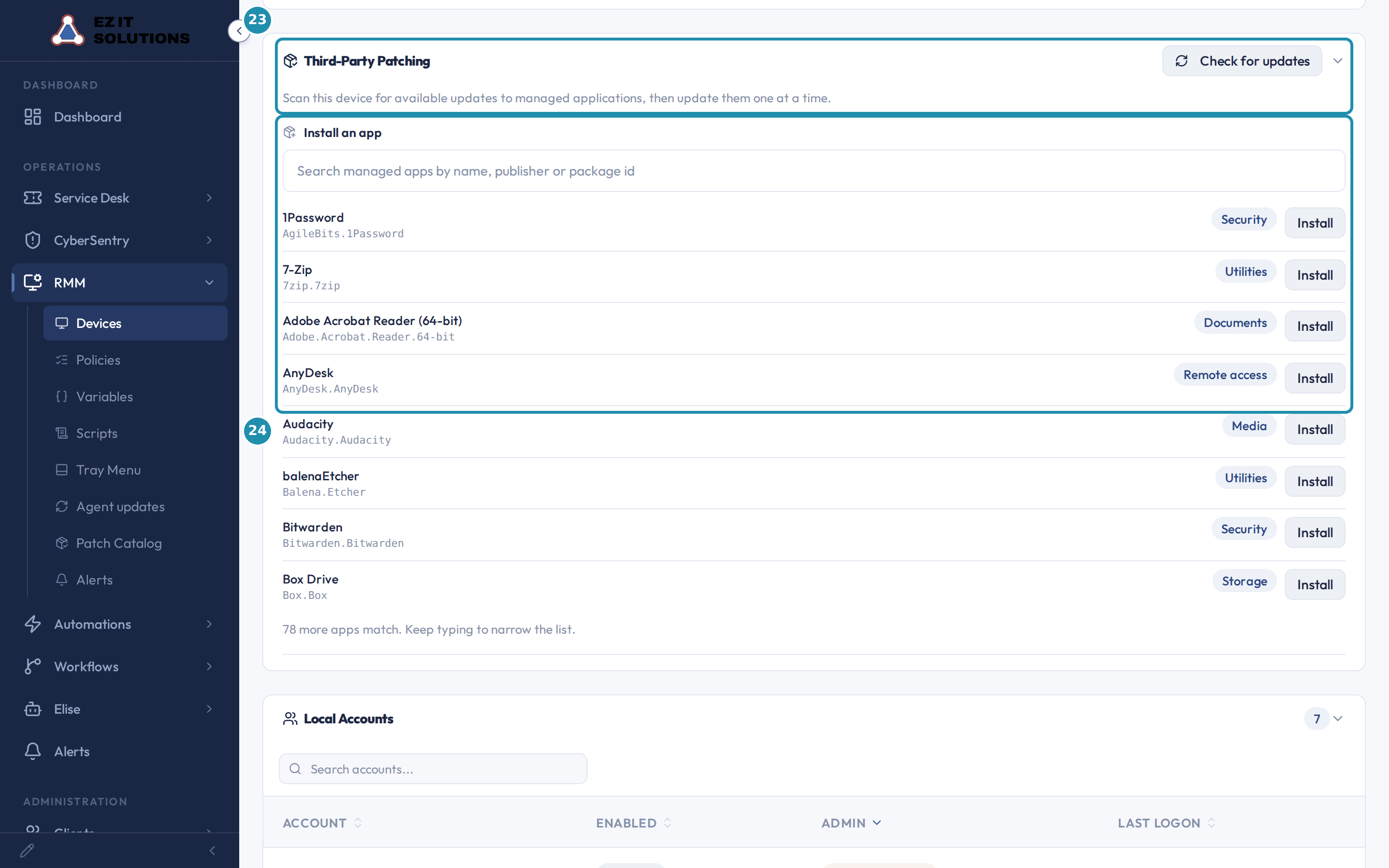 The Third-Party Patching card with numbered badges on its heading and Check for updates button, and on the Install an app search box with the first catalog rows and their Install buttons.
