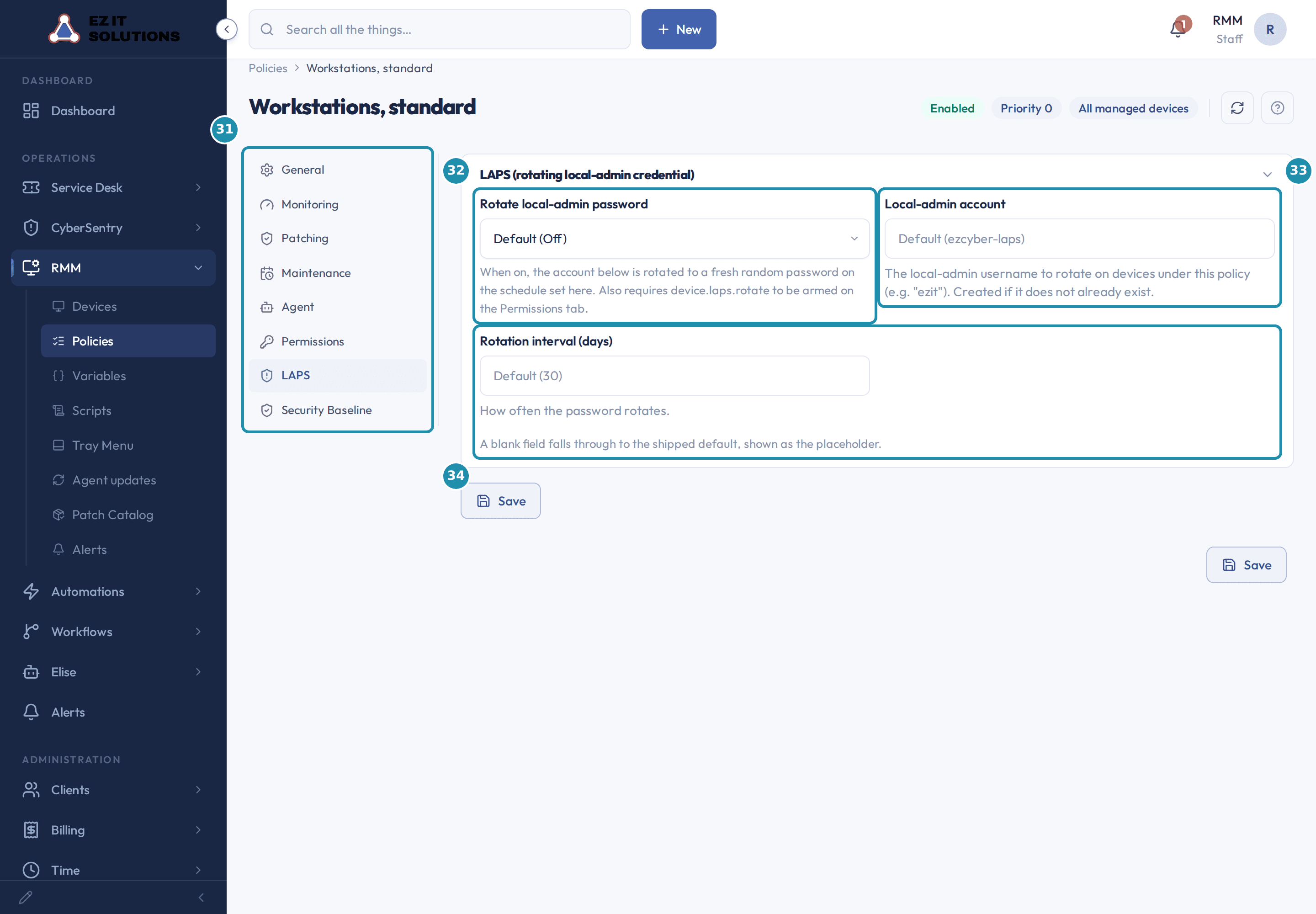 The LAPS page of a policy with numbered badges on the section list, the rotate setting, the account field and the rotation interval field.