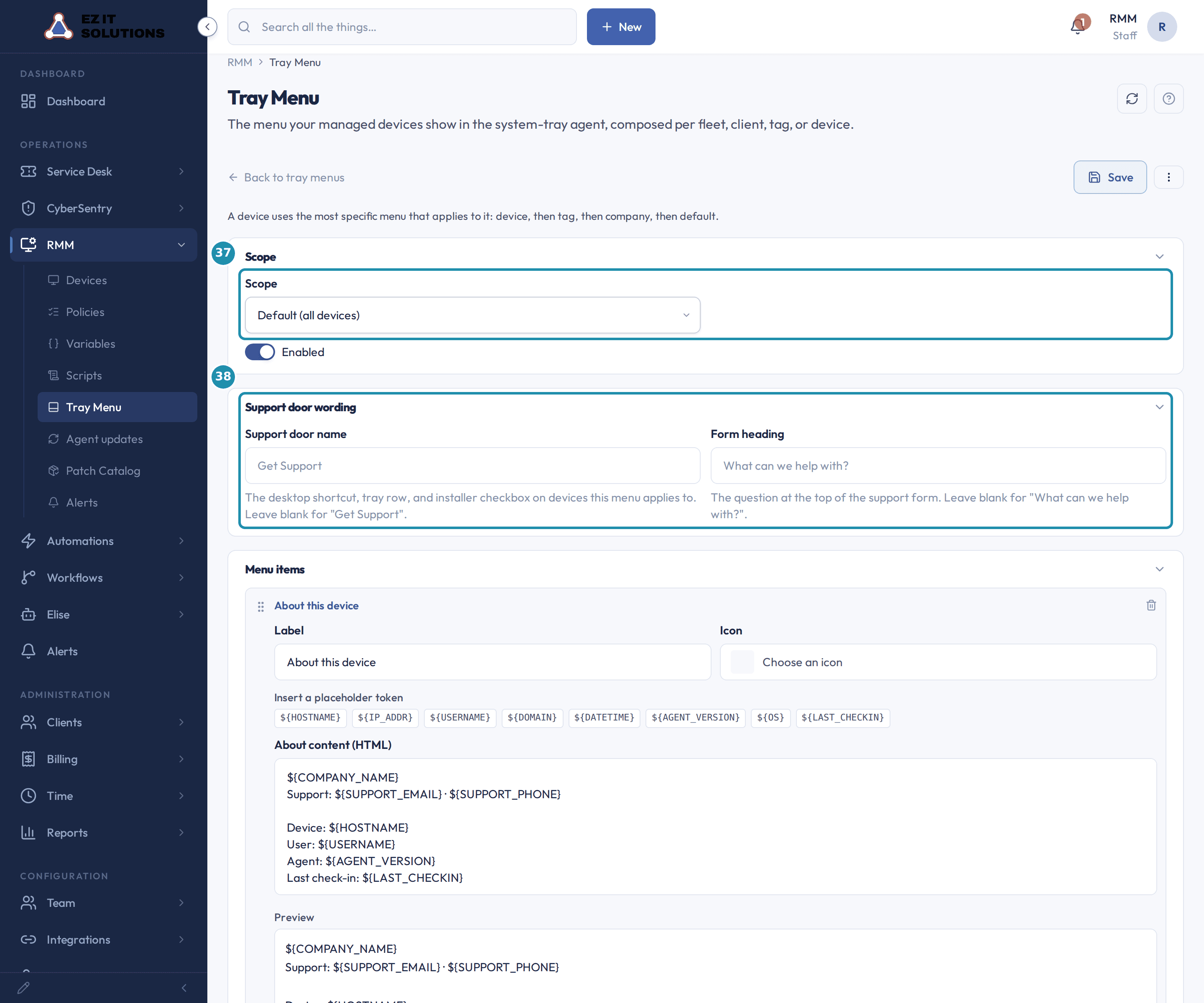 The Tray Menu editor with numbered badges on the Scope dropdown and on the Support door wording fields.