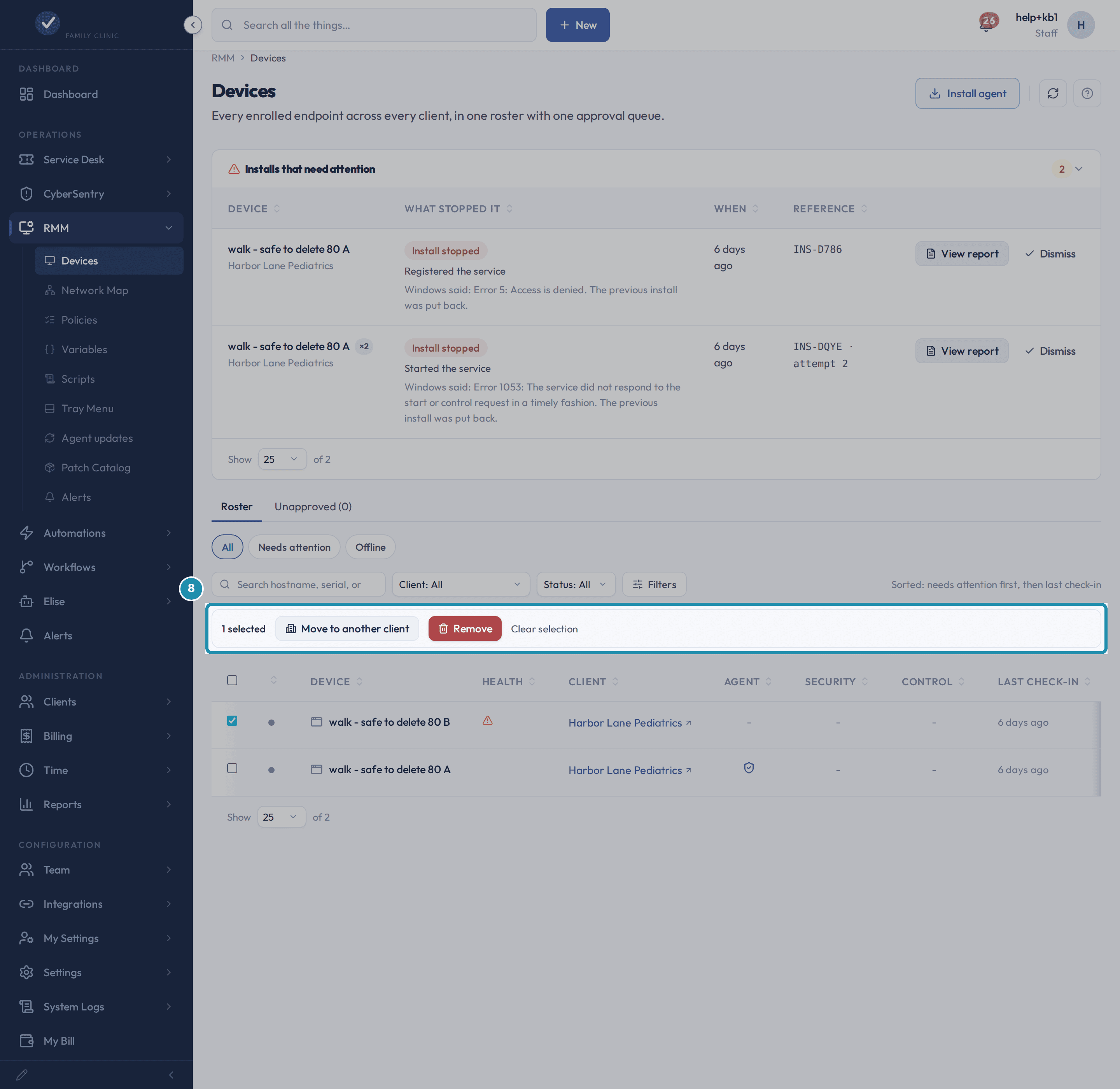 The selection bar reading 1 selected, with Move to another client, Remove and Clear selection, called out.