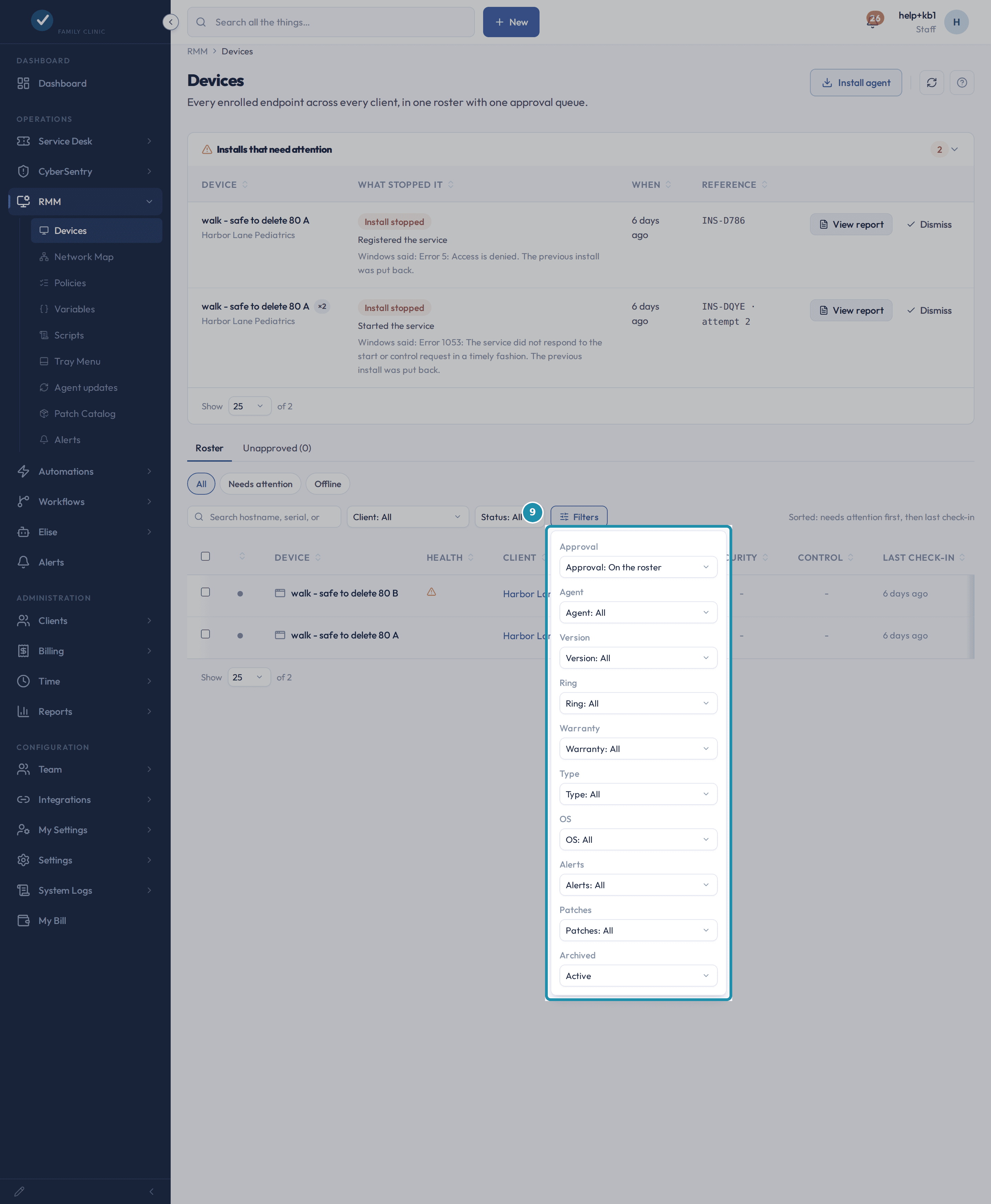 The Filters panel open beside the bar, showing ten filters from Approval down to Active, called out as one panel.