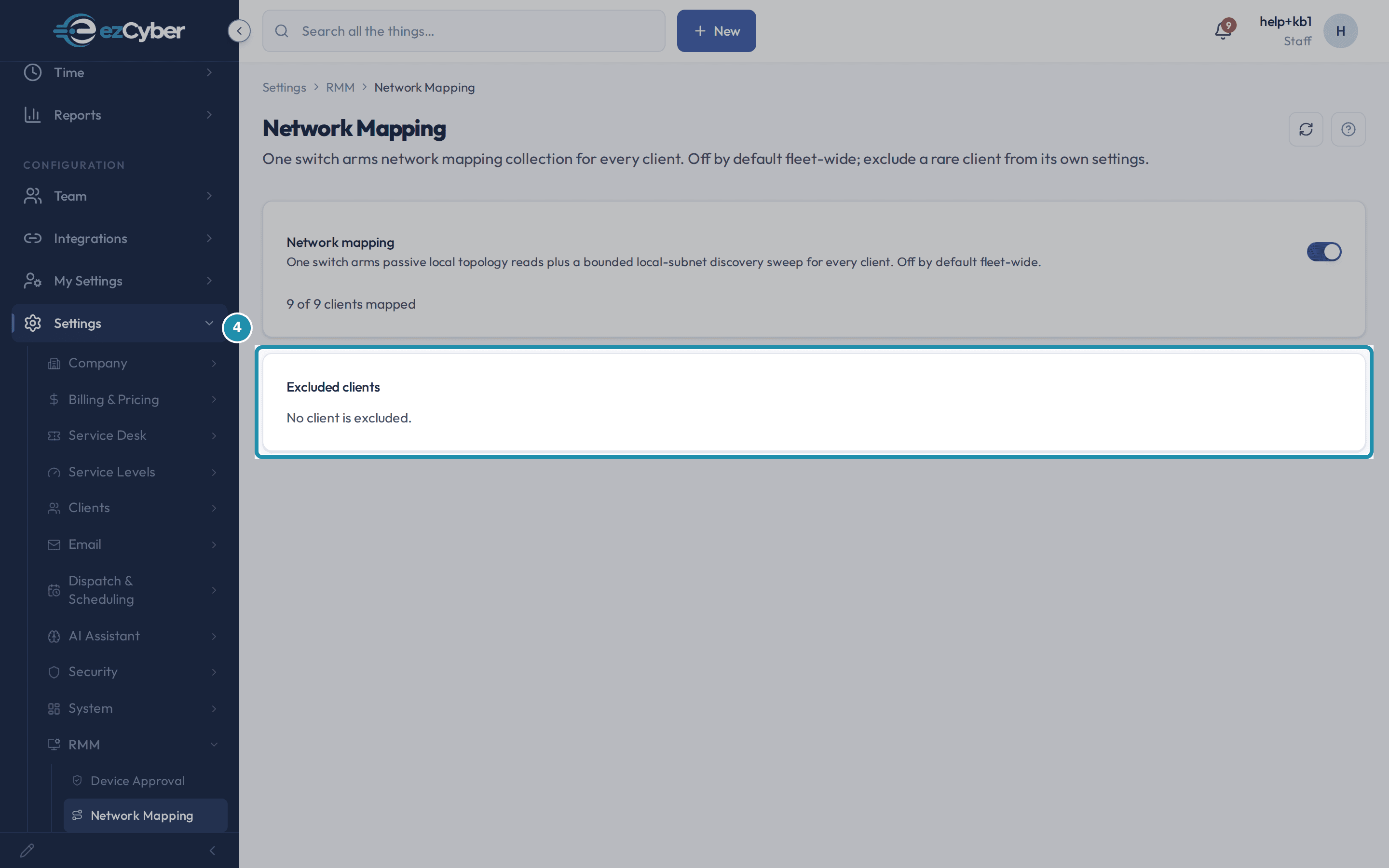 The Excluded clients panel reading 'No client is excluded.' underneath the Network Mapping panel, which shows the toggle on.