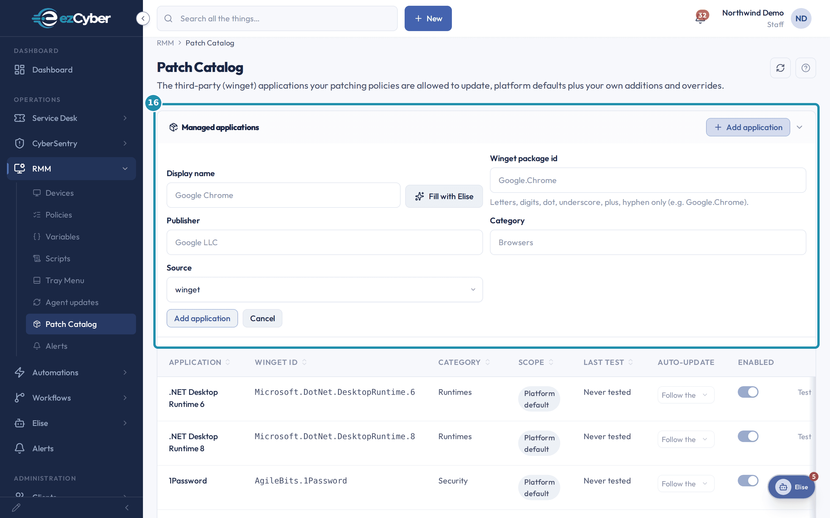The Patch Catalog's Add application form with a numbered teal badge around the whole form: Display name, Winget package id, Fill with Elise, Publisher, Category, and Source.