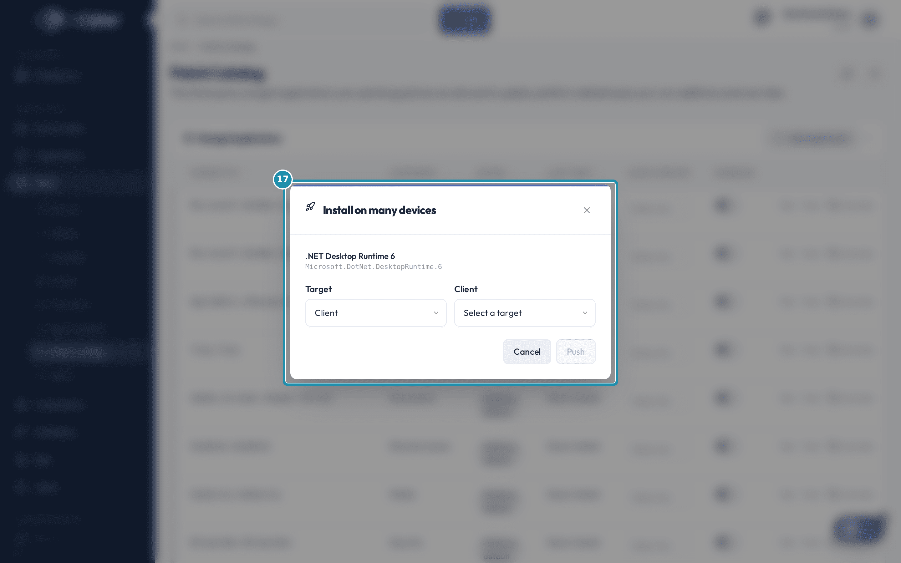 The catalog's Install on many devices dialog with a numbered teal badge around the whole dialog: the app being pushed, a Target dropdown (Client, Tag, or Policy), and a matching picker.