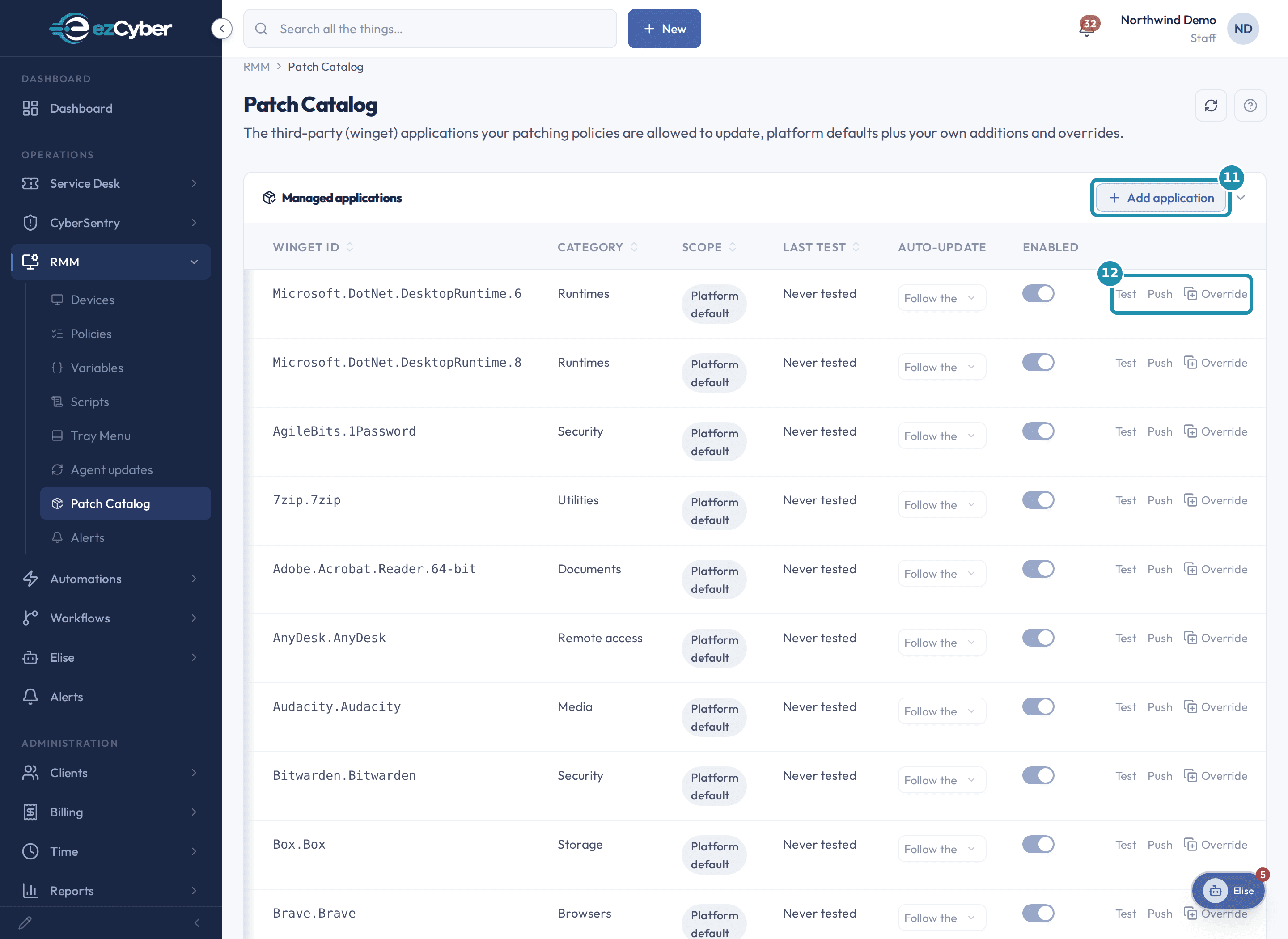 The Patch Catalog list, scrolled to show the Add application button and one row's Test, Push, and Override actions, with a numbered teal badge on each.