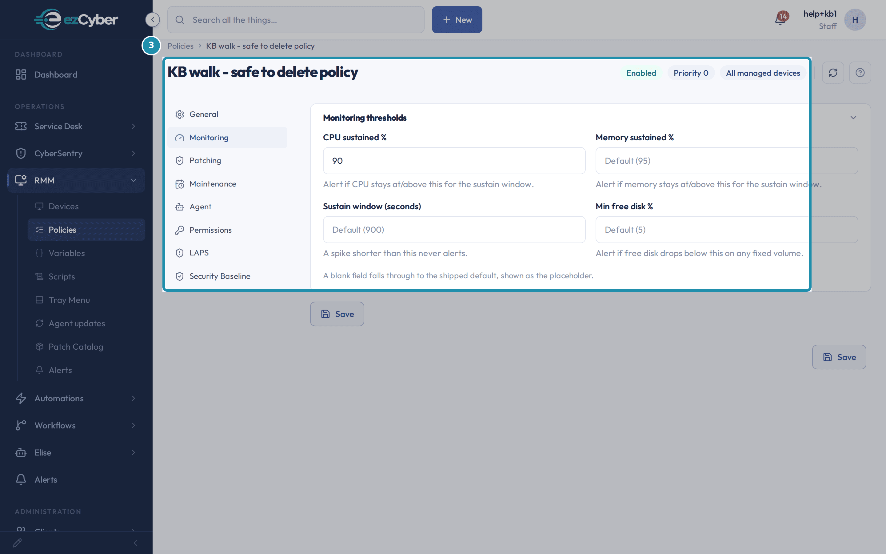 The saved policy's page, heading 'KB walk - safe to delete policy' with Enabled, Priority 0 and All managed devices chips, and its tab rail reading General, Monitoring, Patching, Maintenance, Agent, Permissions, LAPS and Security Baseline.