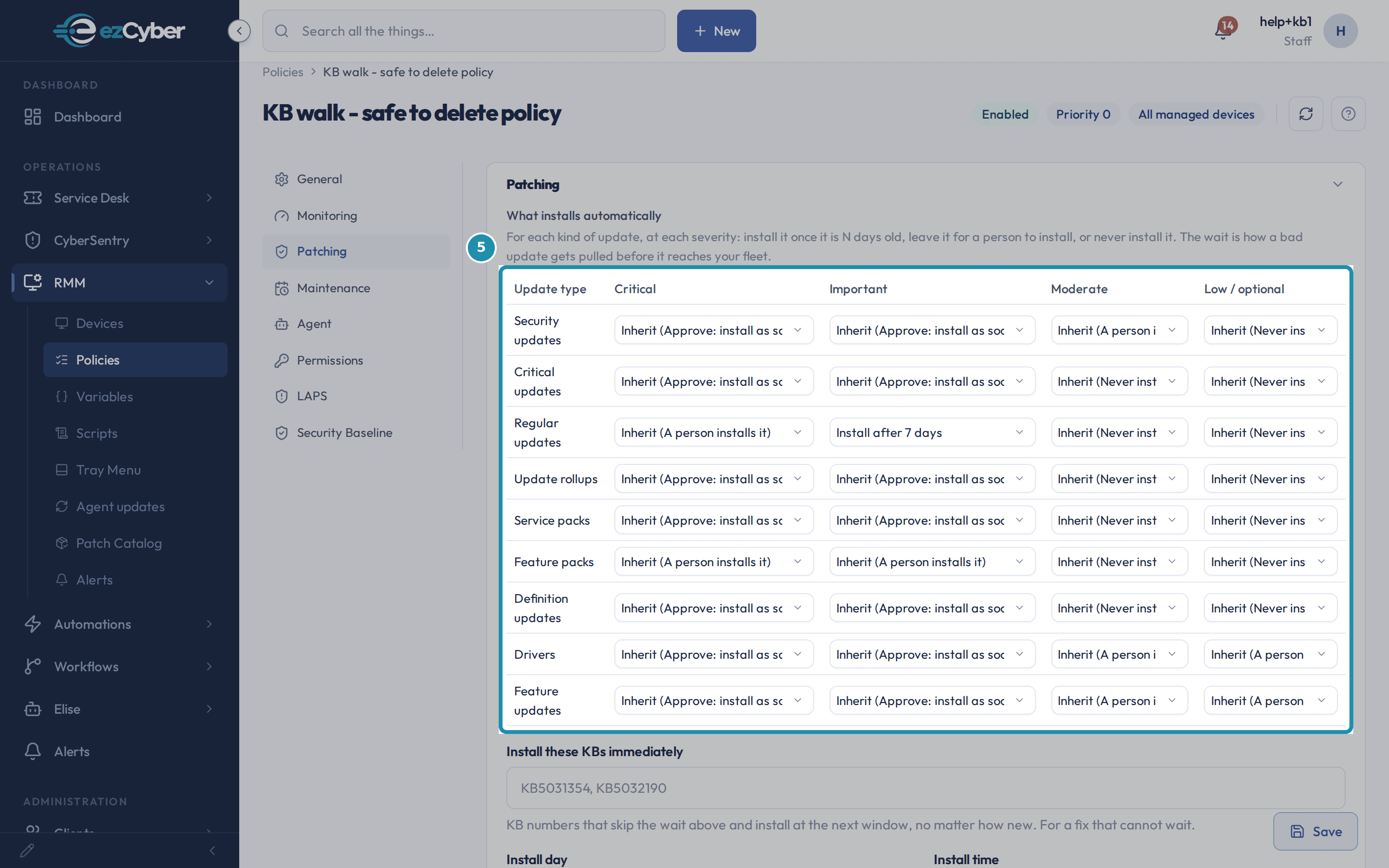 The Patching tab's approvals table, Update type down the side against Critical, Important, Moderate and Low / optional, every cell reading Inherit with its shipped answer in brackets except Regular updates at Important, which now reads Install after 7 days.