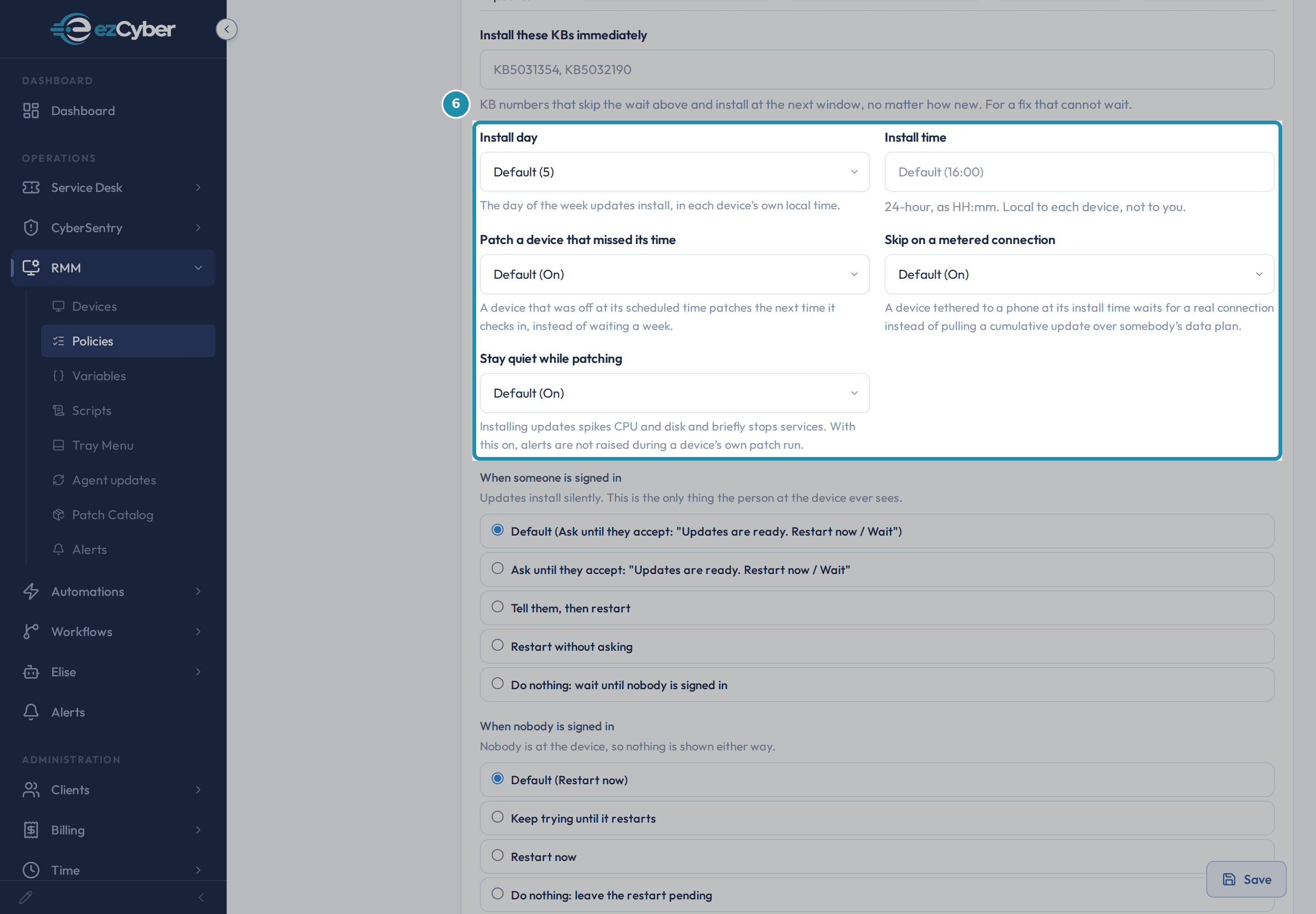 The Patching tab's schedule group: Install day Default (5), Install time Default (16:00), Patch a device that missed its time Default (On), Skip on a metered connection Default (On), and Stay quiet while patching Default (On), each with its own hint line.