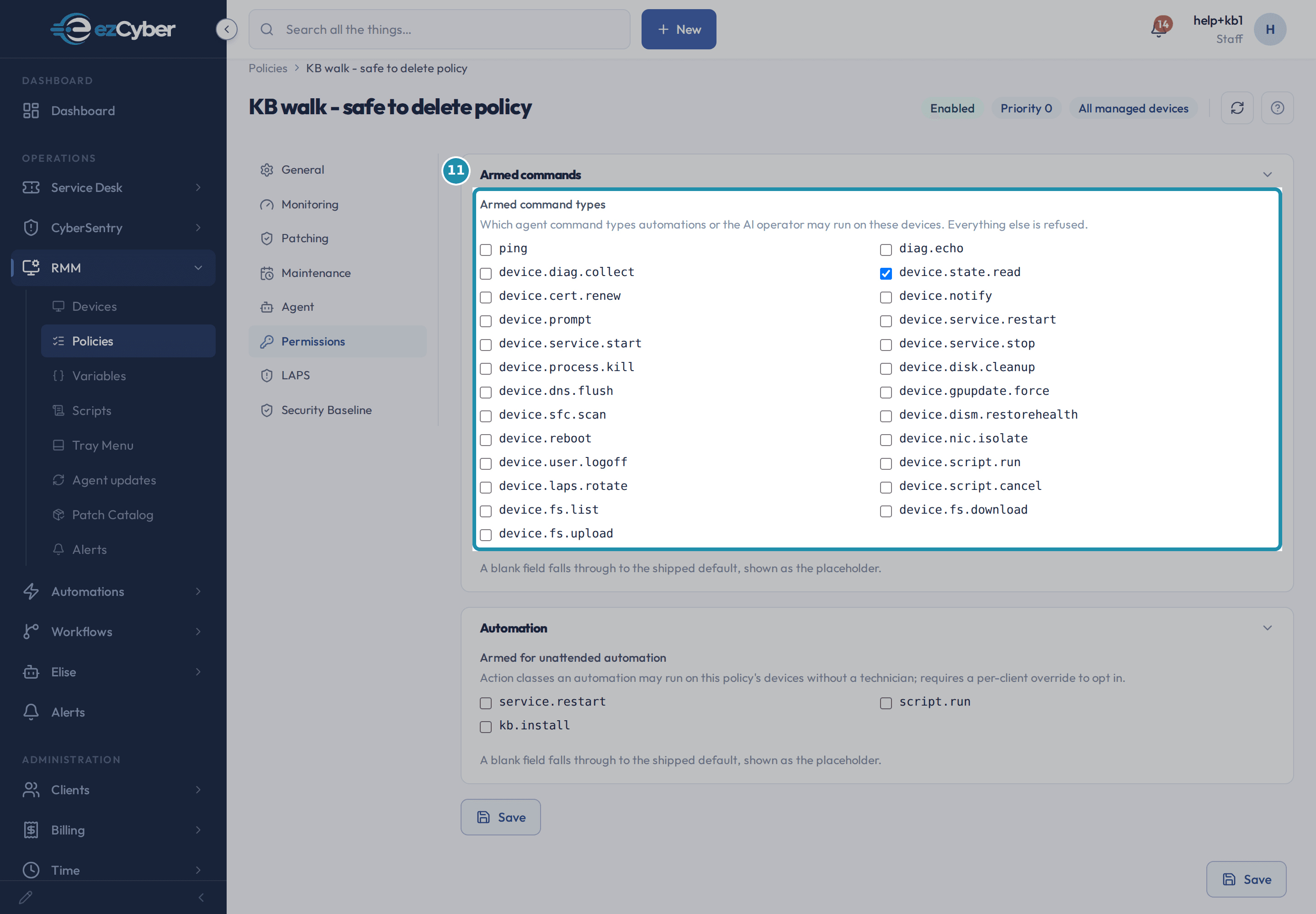 The Permissions tab's Armed command types checklist with device.state.read ticked and every other command, from ping through device.fs.upload, left unticked, under the line 'Which agent command types automations or the AI operator may run on these devices. Everything else is refused.'