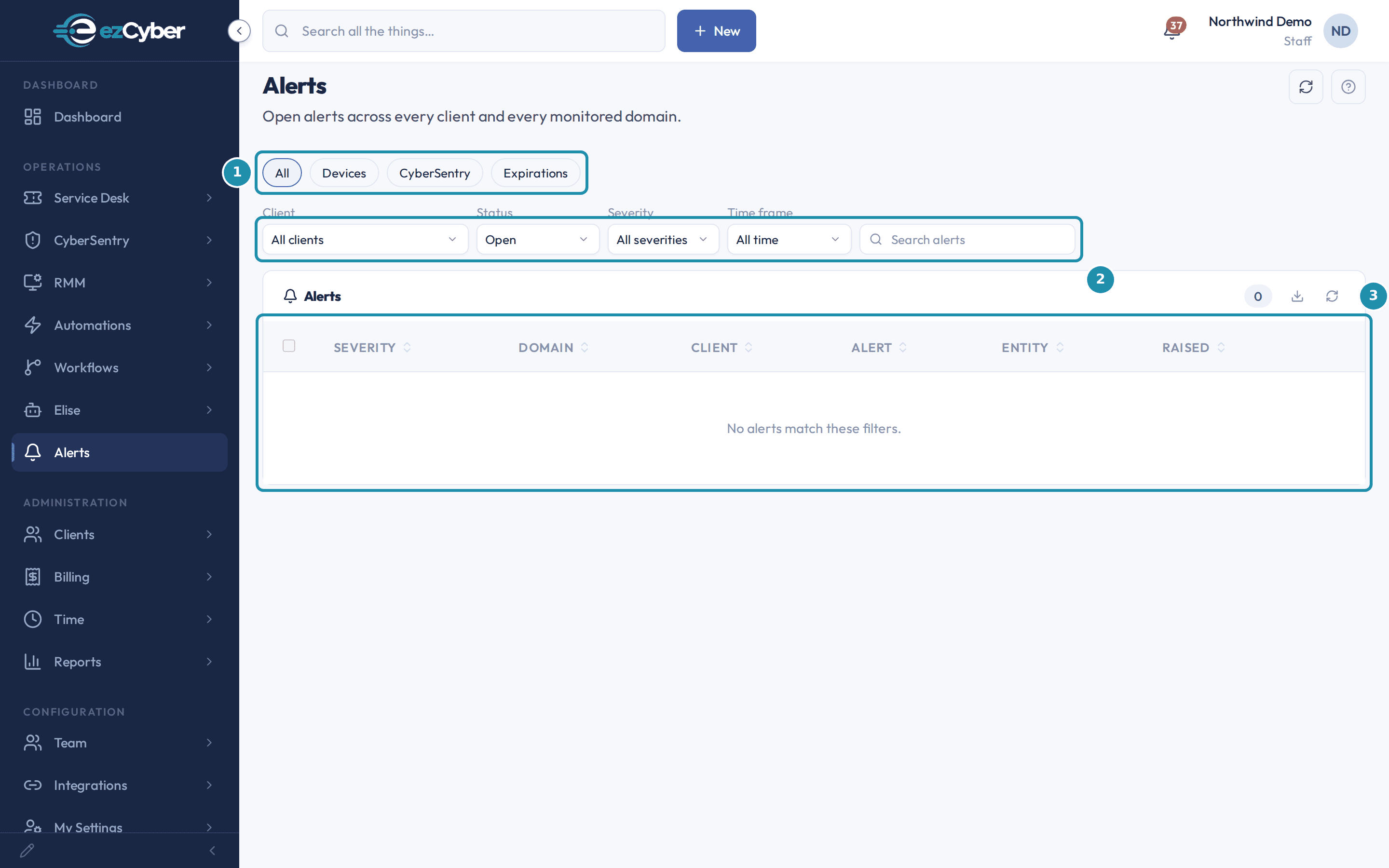 The Alerts Desk with a numbered teal badge on the domain tabs, the Client/Status/Severity/Time frame/Search filter row, and the alerts table.