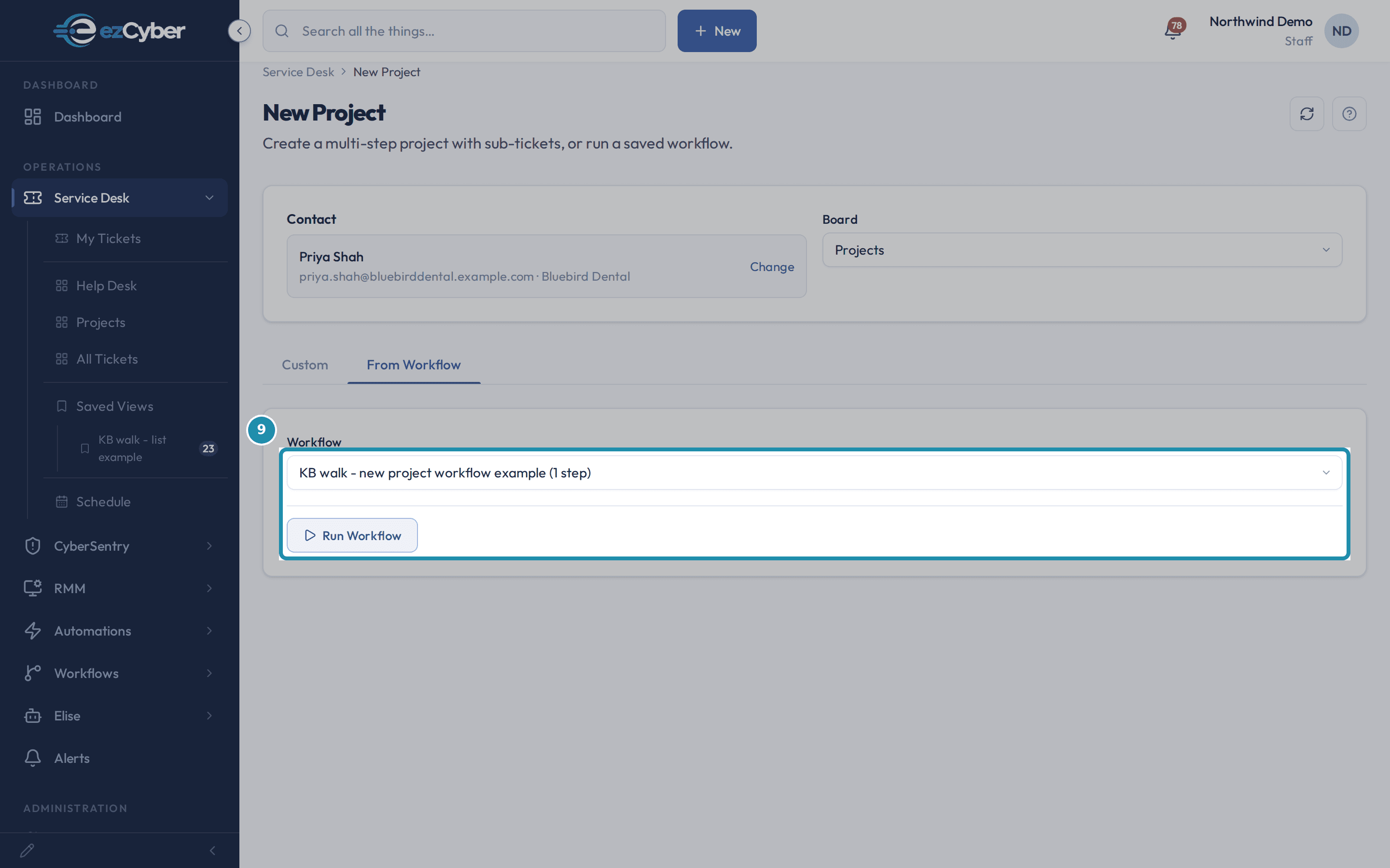 The Workflow dropdown and Run Workflow button on New Project's From Workflow tab, boxed.