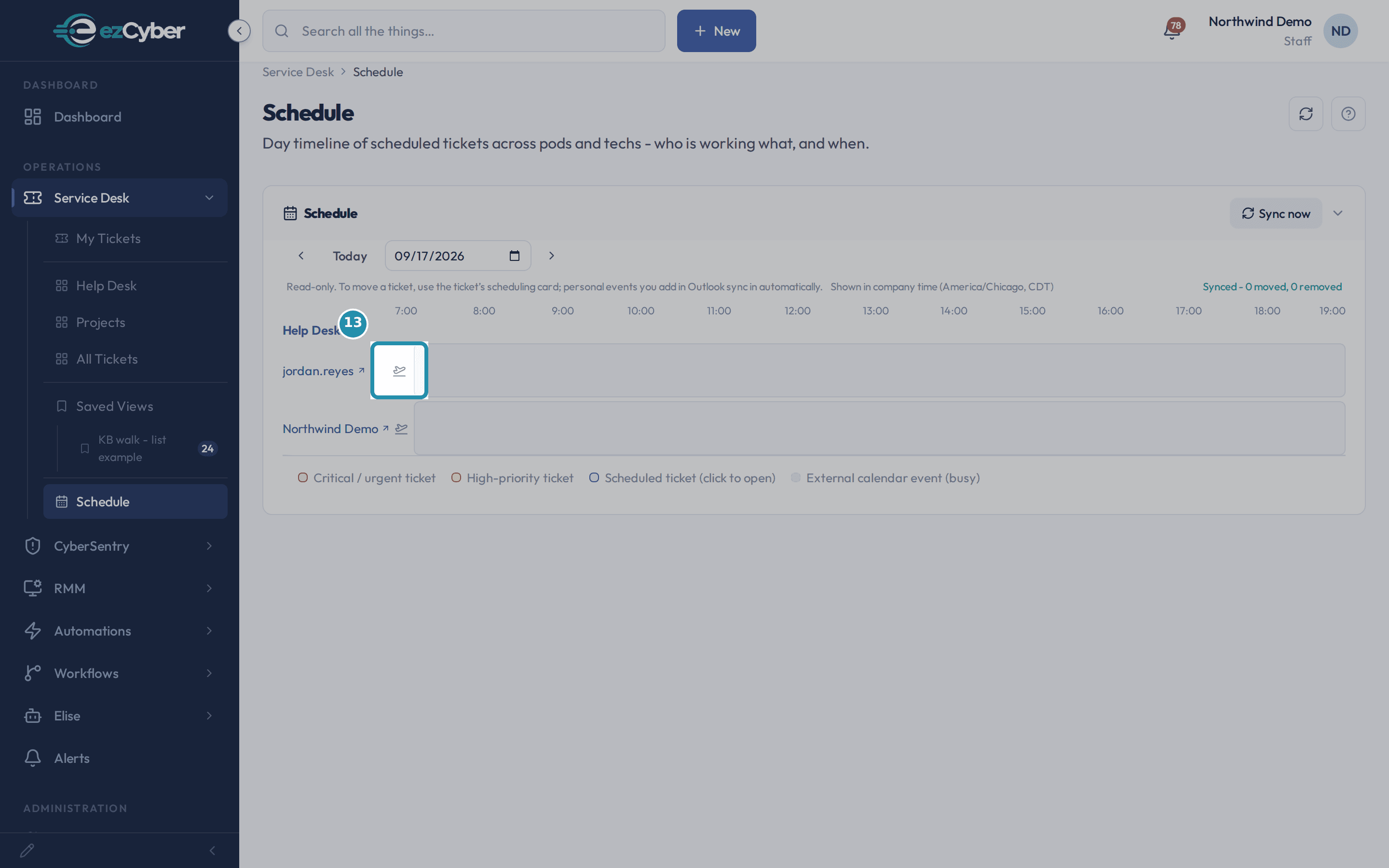 The Mark out-of-office plane icon next to a tech's name on the Schedule page, boxed.