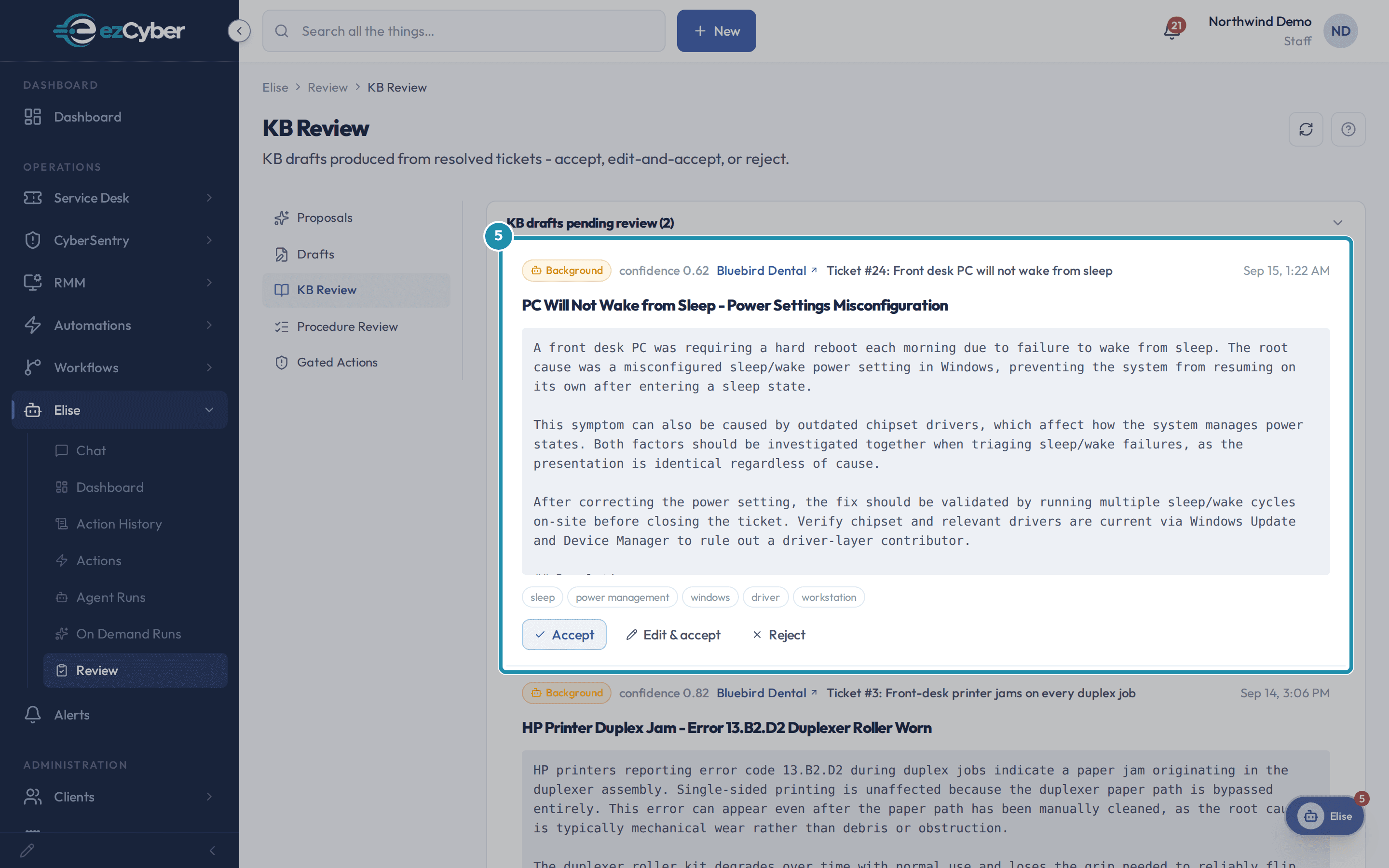 The KB Review queue with the new draft from ticket #24, showing its title, confidence score, tags, and the Accept, Edit & accept, and Reject controls.
