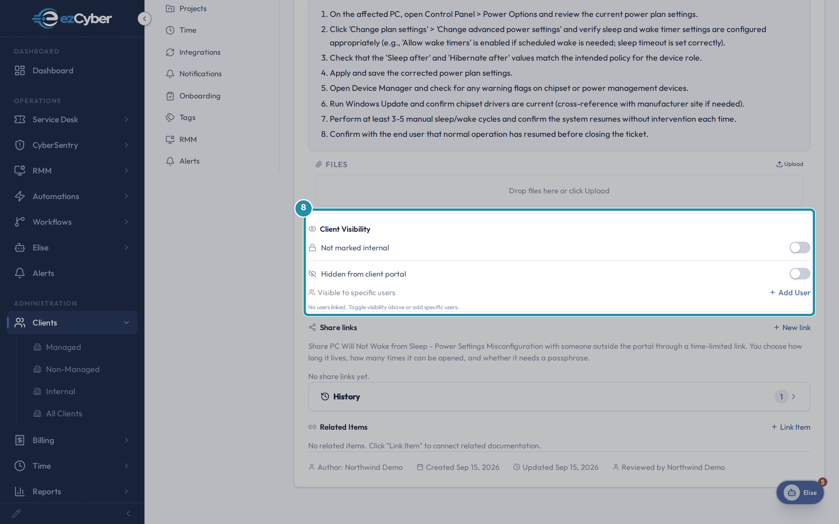 The article's Client Visibility panel showing the Not marked internal and Hidden from client portal toggles, and the Visible to specific users / Add User control.