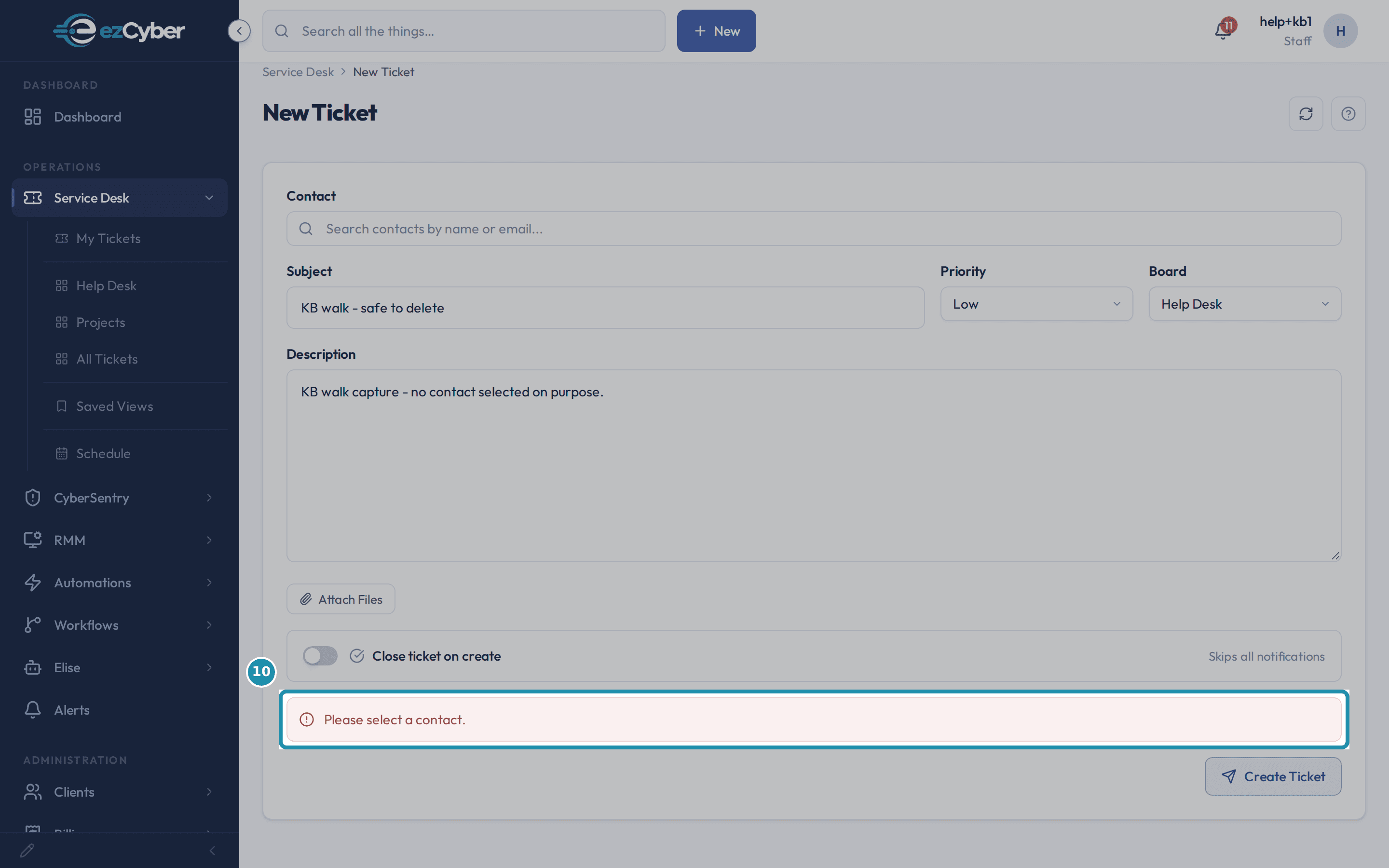 The New Ticket form with Subject and Description filled in, Contact still empty, and a red banner reading 'Please select a contact.' above the Create Ticket button.