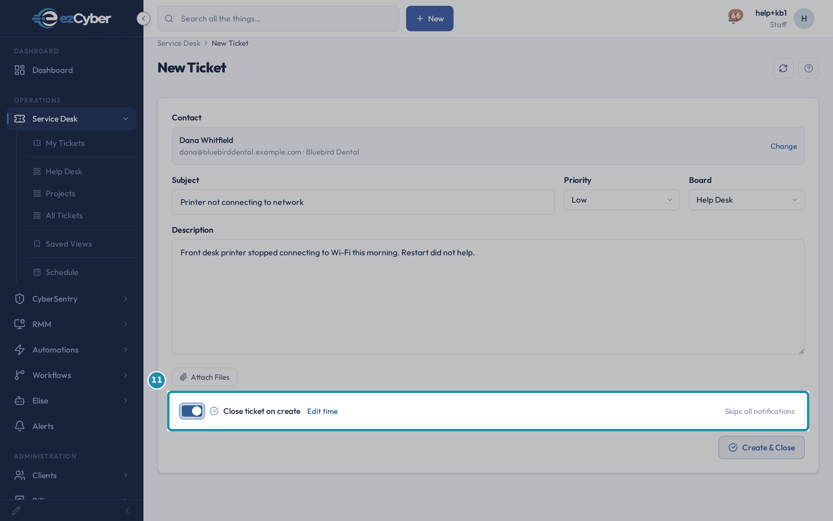 The Close ticket on create toggle switched on, with an Edit time link beside its label, a Skips all notifications hint on the right, and the submit button reading Create & Close.