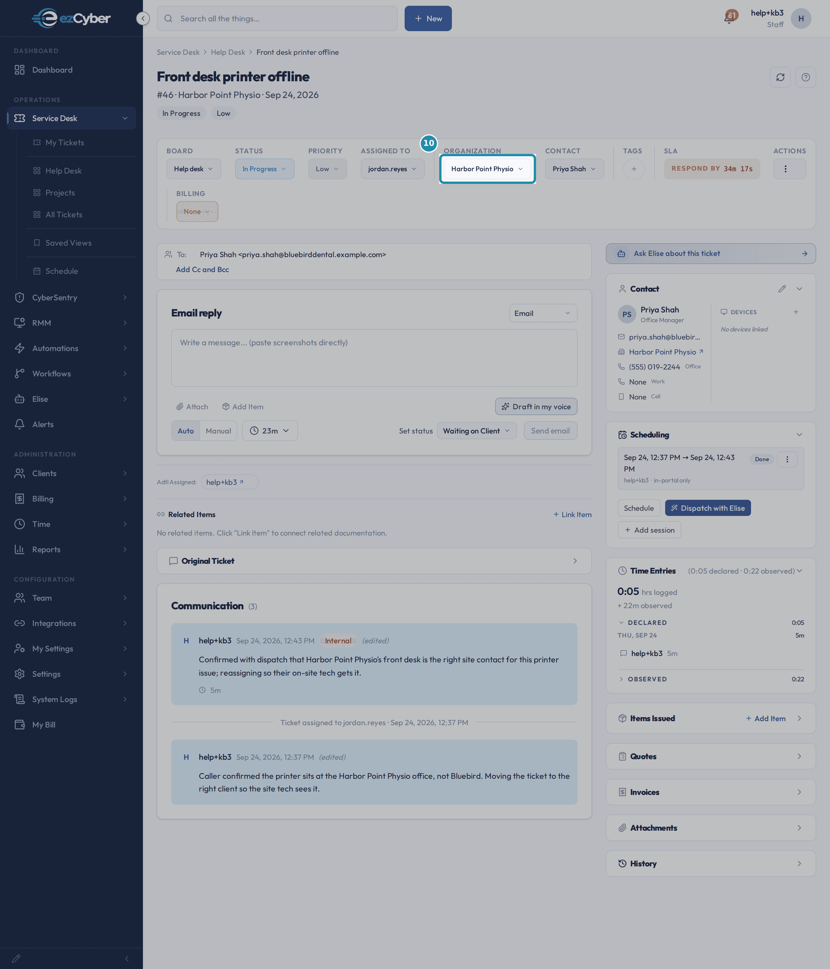 The ticket toolbar now reading Organization Harbor Point Physio, with the Communication and Time Entries cards below still showing the same reply and 5 minutes logged.
