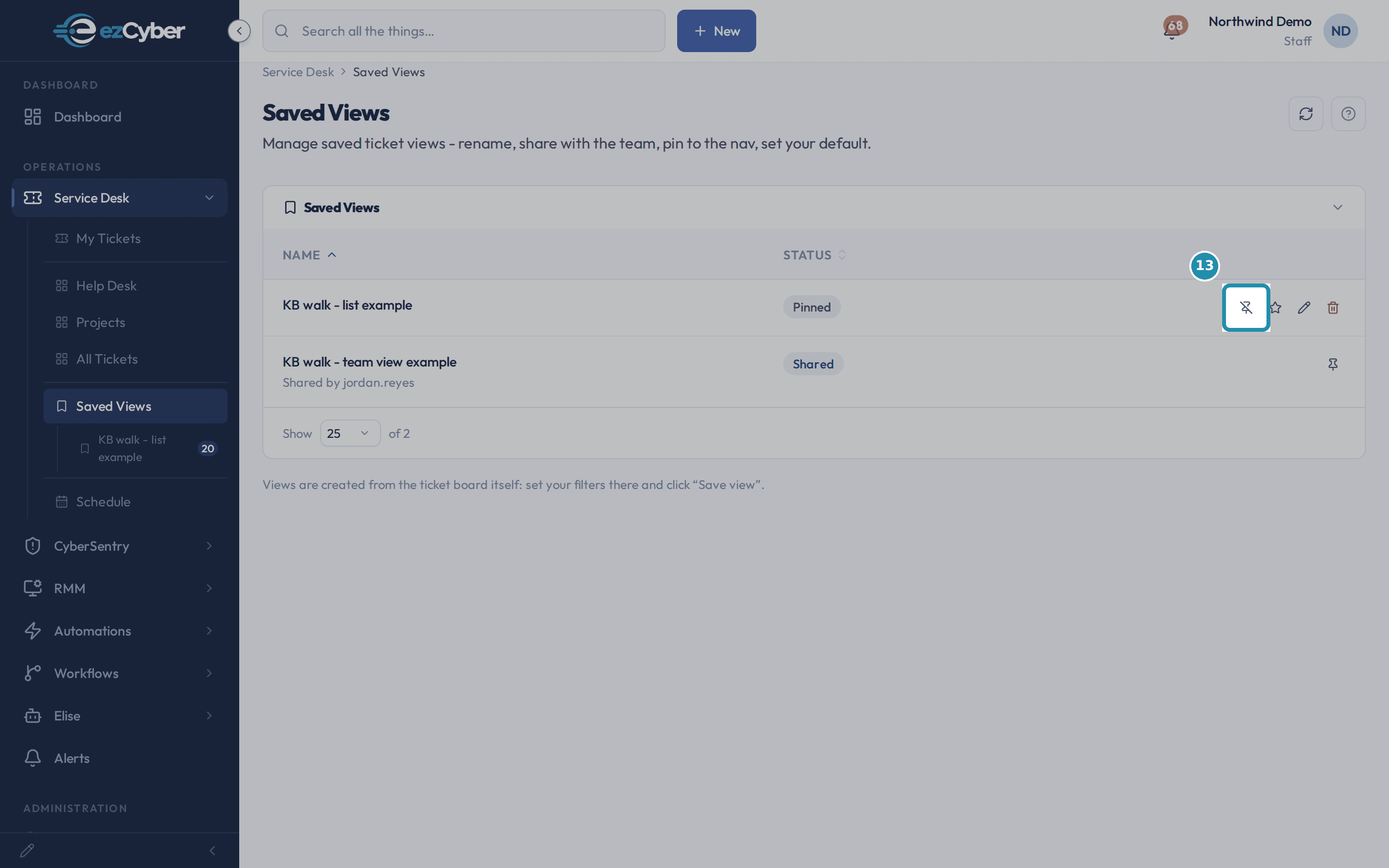 The Unpin from nav icon in the actions column of the KB walk - list example row on Saved Views.
