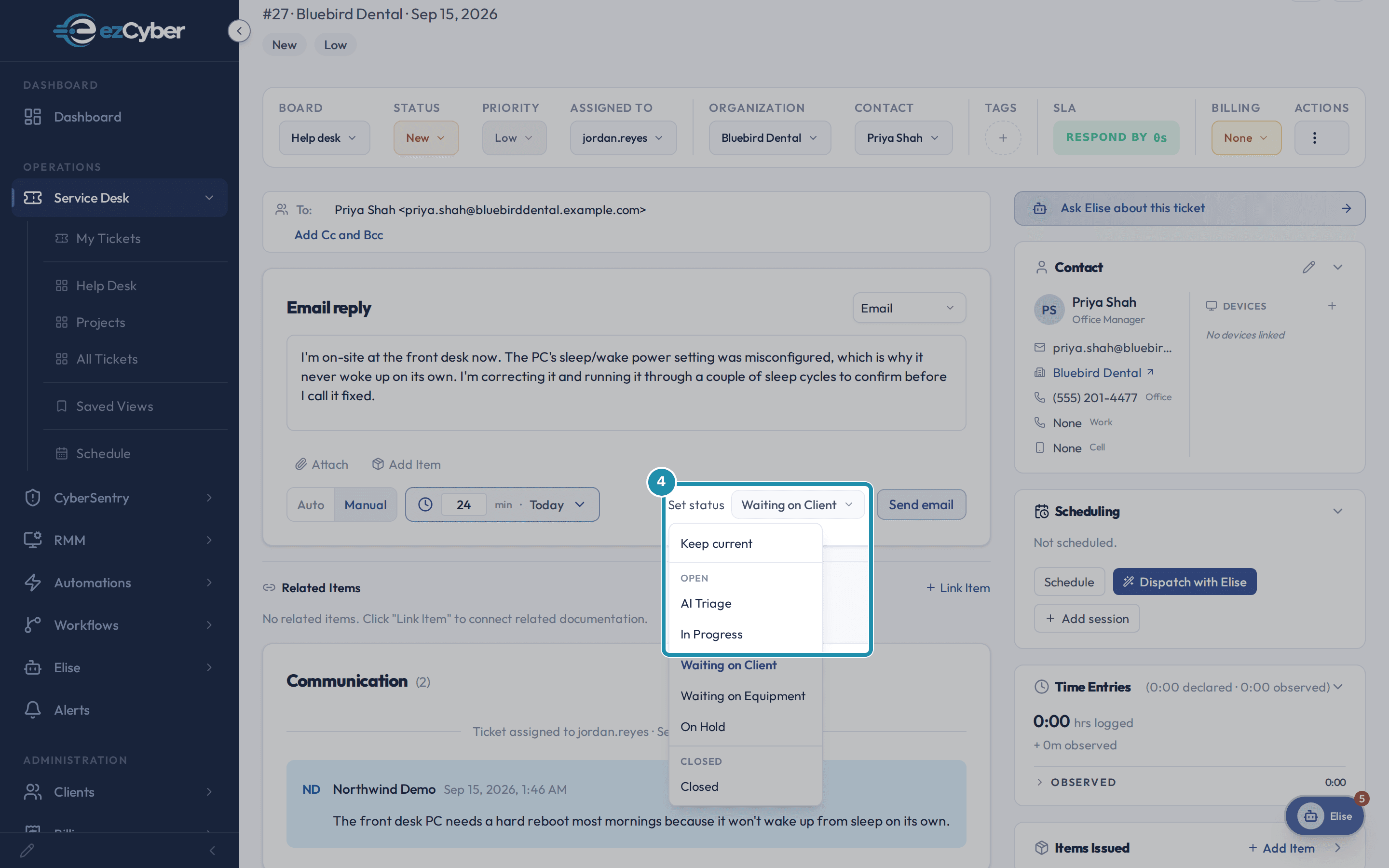 The Set status dropdown open on the ticket, with In Progress highlighted among the offered statuses.