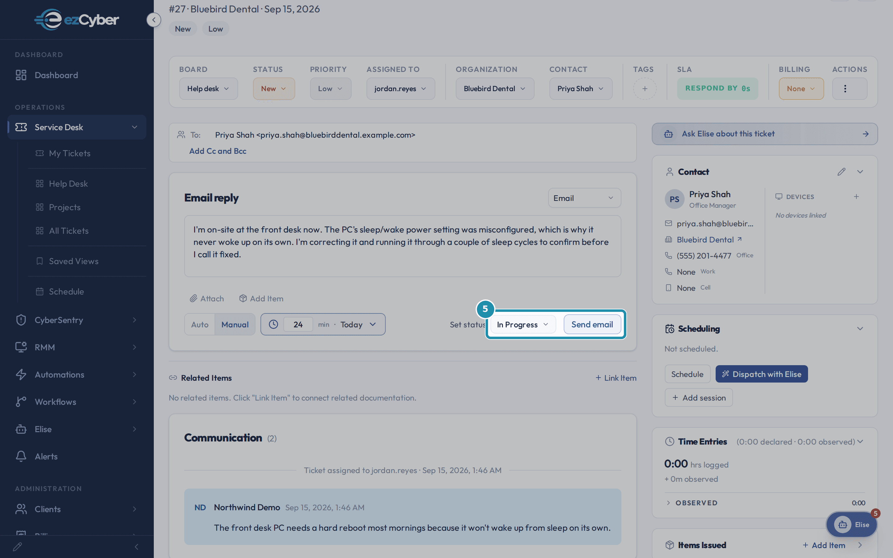 The composer's Send email button beside the Set status control, now reading In Progress.