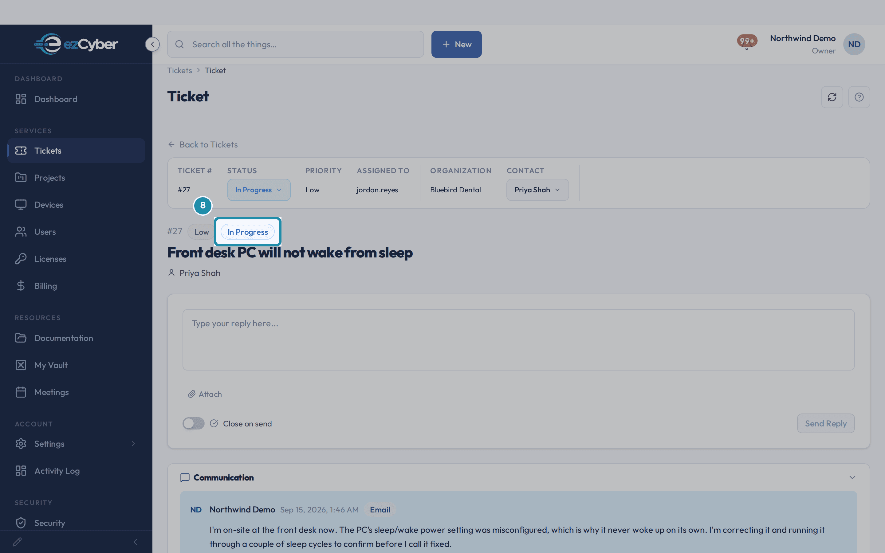The client portal's ticket #27 showing status In Progress and the tech's reply in the Communication thread.