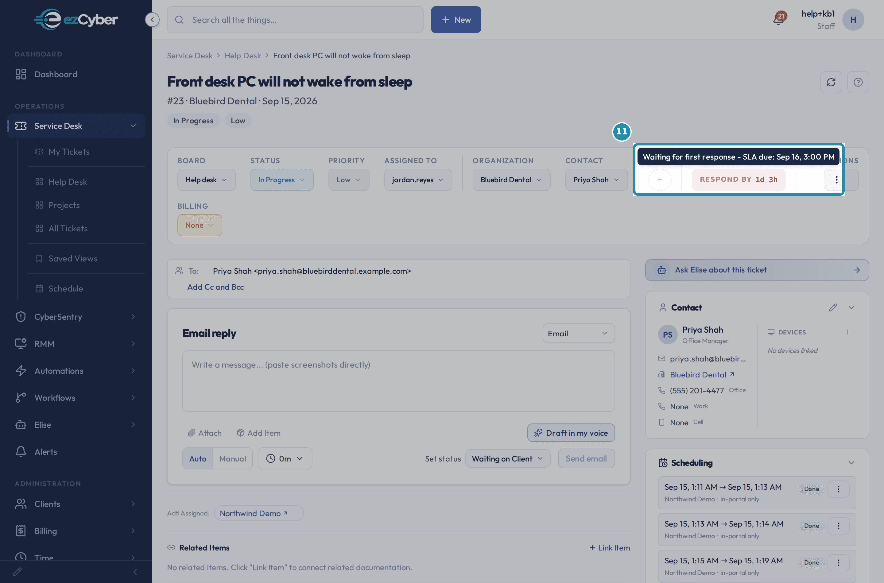 A ticket's SLA control highlighted with its tooltip open, reading Waiting for first response - SLA due: Sep 16, 3:00 PM above a red chip reading RESPOND BY 1d 3h.