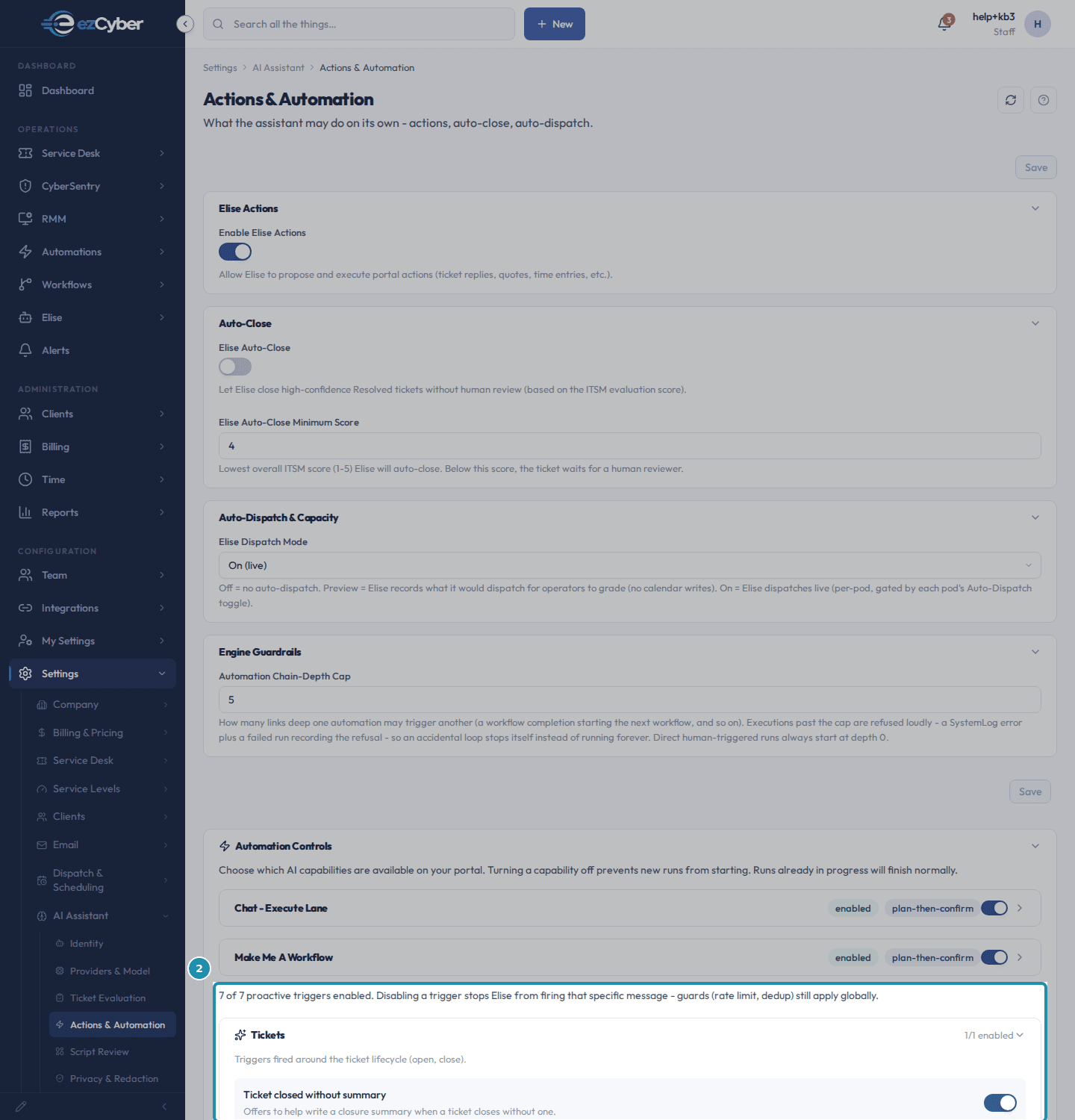 The proactive-triggers summary reading 7 of 7 enabled, with the Tickets group expanded showing its one trigger, Ticket closed without summary, toggled on.
