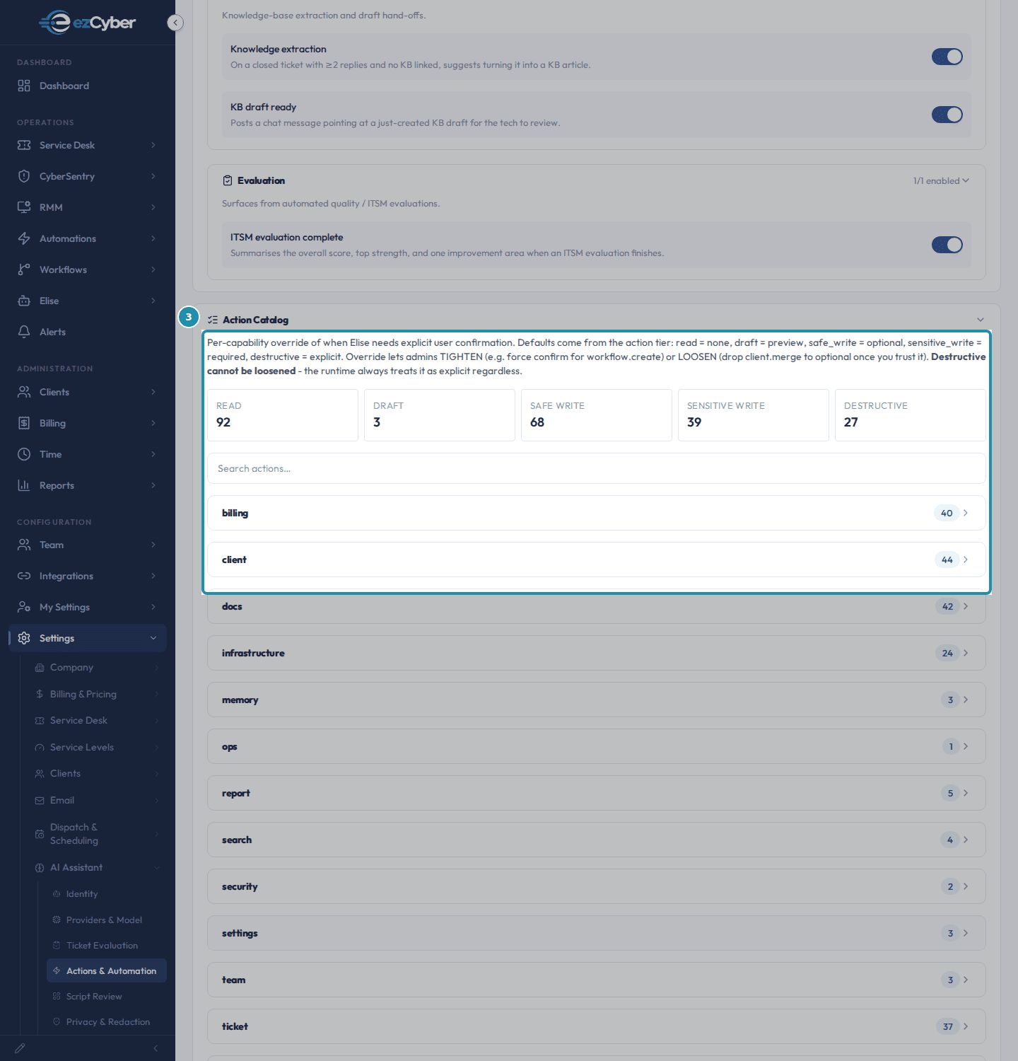 The Action Catalog's description of the five confirmation tiers and their read/draft/safe write/sensitive write/destructive counts, above the searchable list of capability categories.