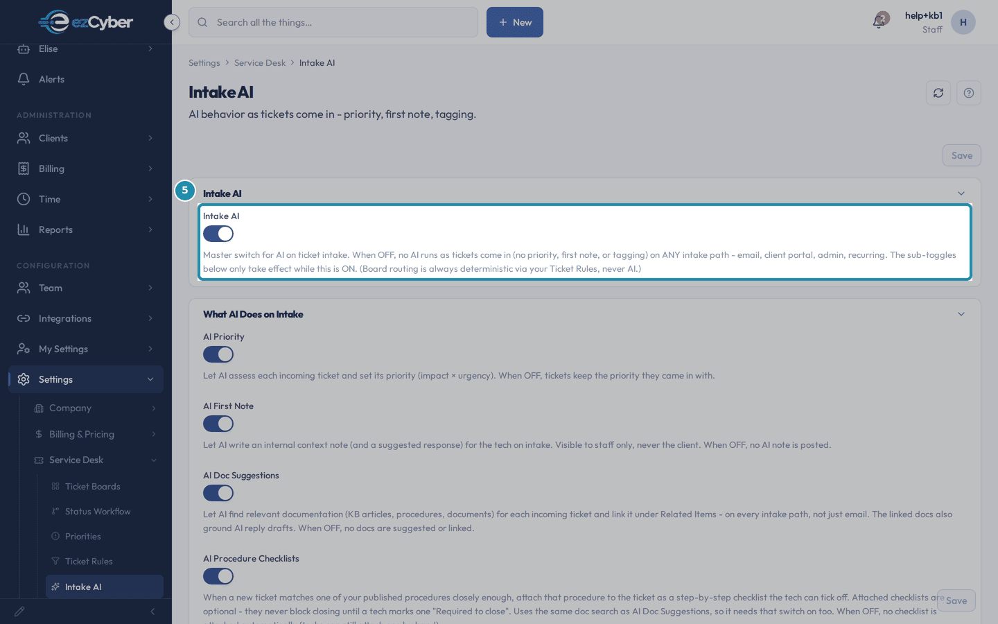 The Intake AI master switch, on, at the top of the Intake AI settings page.