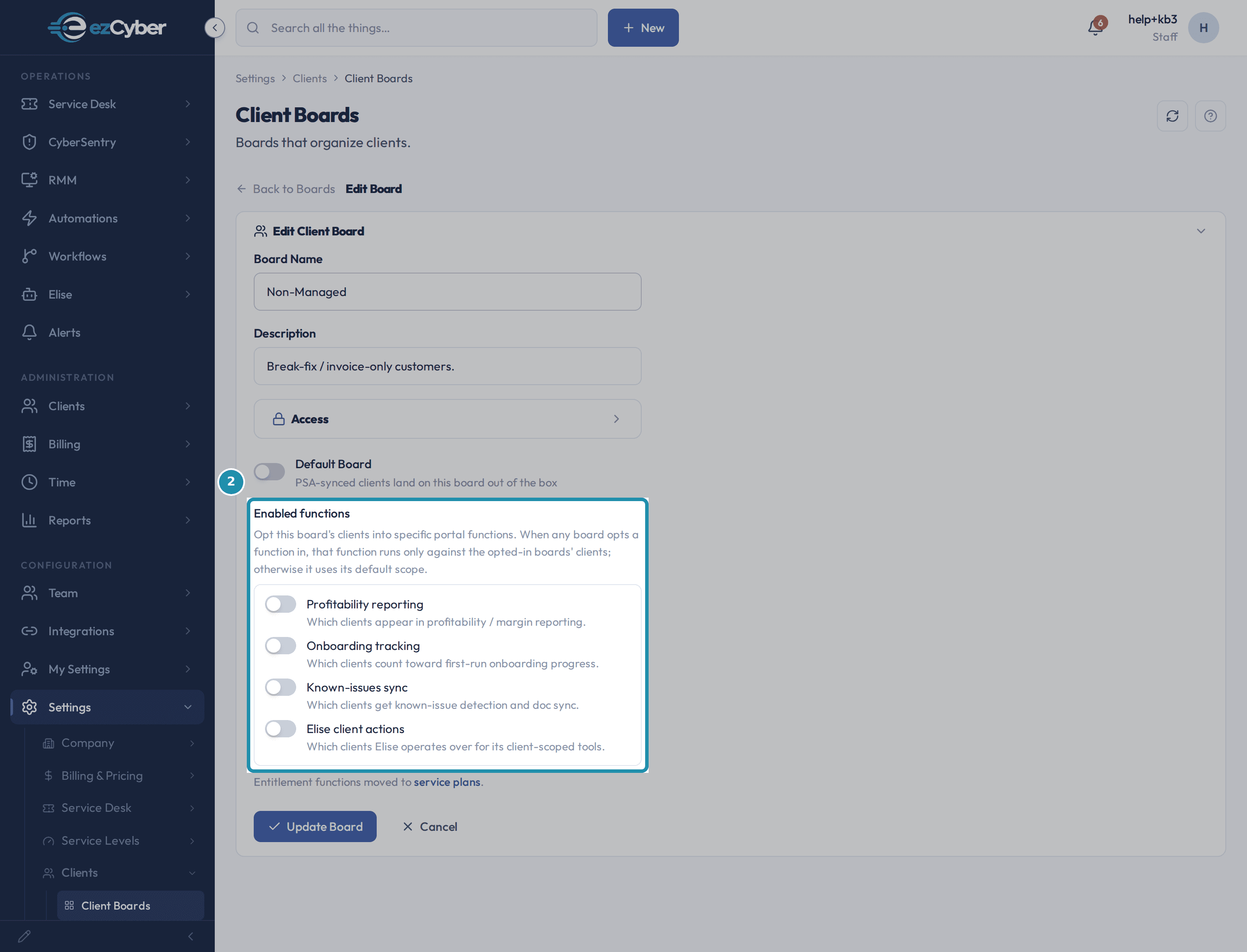 The Edit Client Board form with a numbered teal badge on the Enabled functions card and its four toggles.