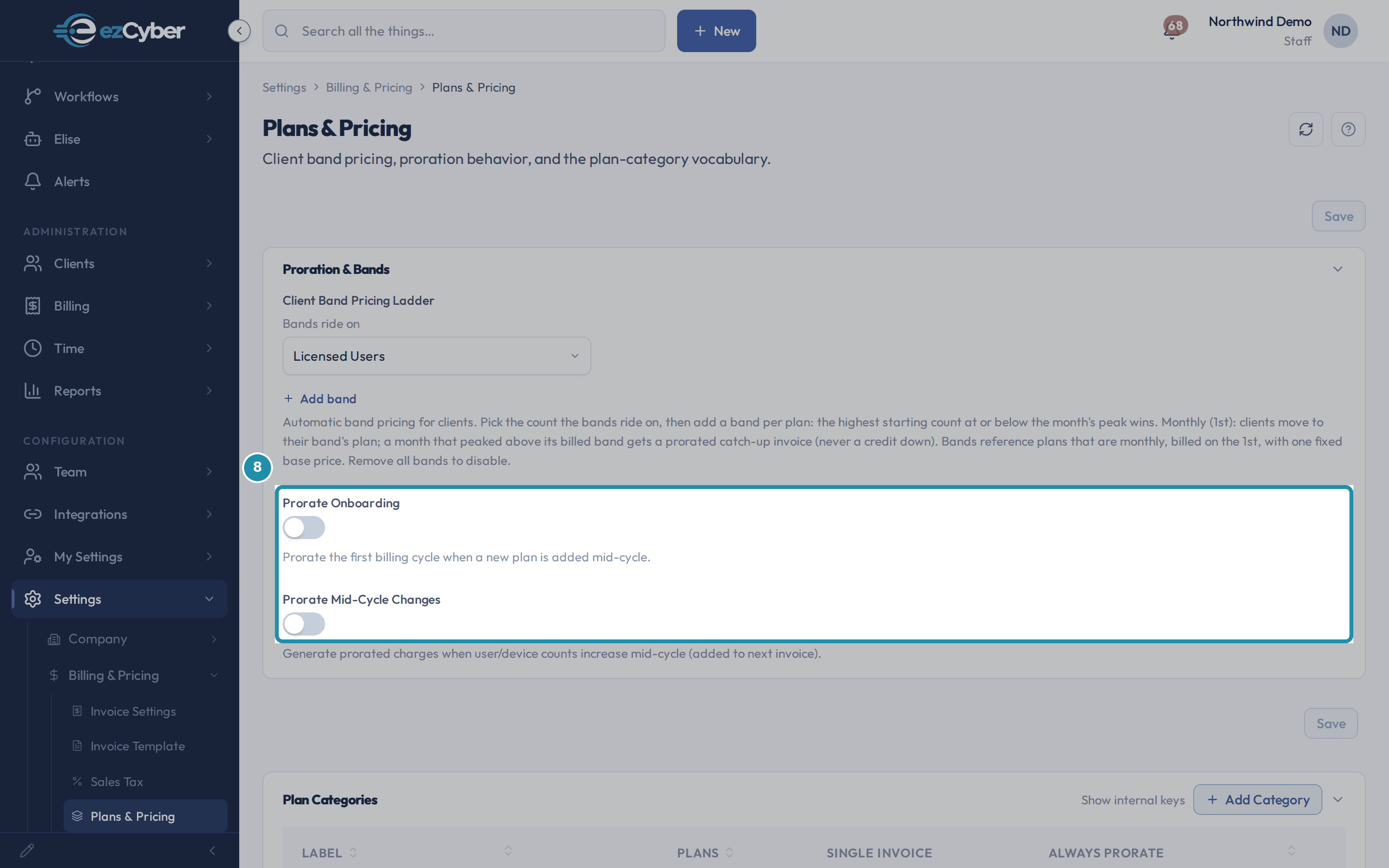 The Plans & Pricing page's Proration & Bands card with Prorate Onboarding and Prorate Mid-Cycle Changes boxed together, both toggled off.