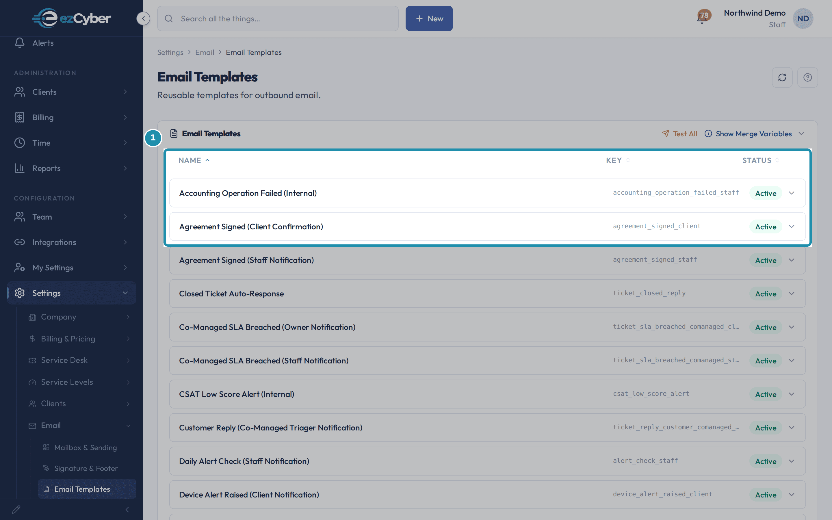 The Email Templates list's sortable Name, Key, and Status header row, boxed together with its first two rows.