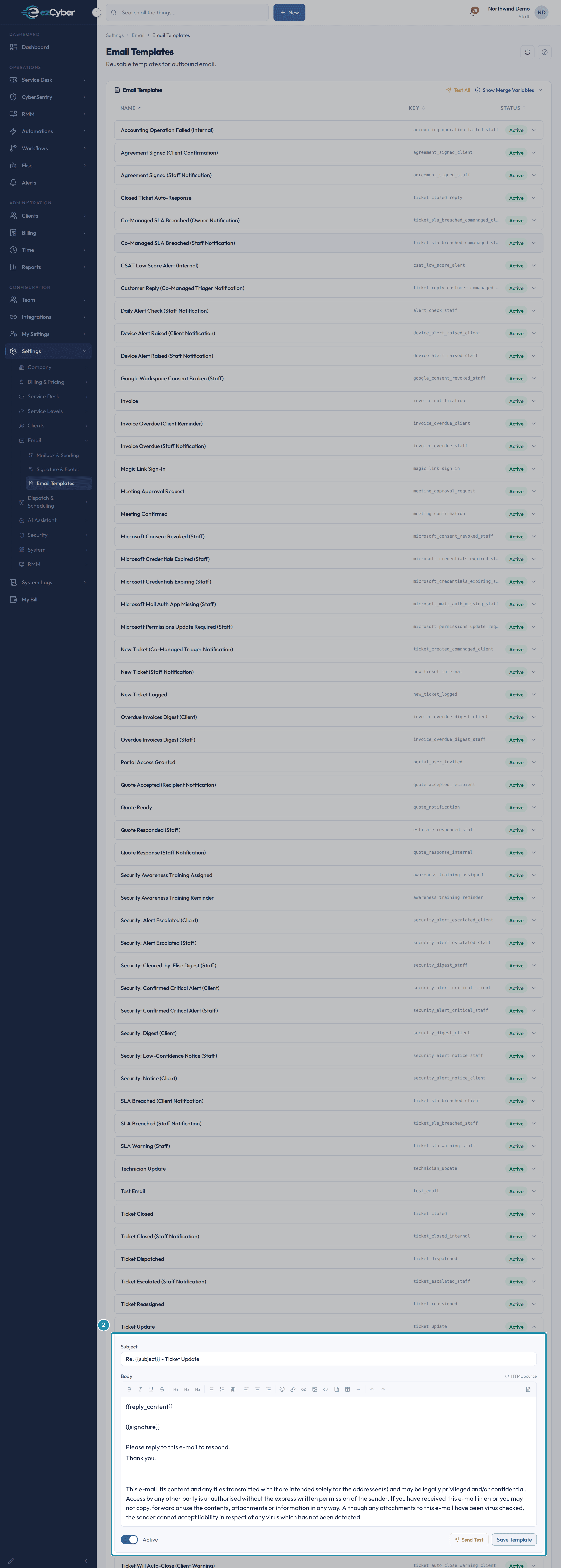 The expanded Ticket Update template showing its Subject field, Body editor with merge variables, Active toggle, Send Test, and Save Template - no Delete control anywhere on the panel.