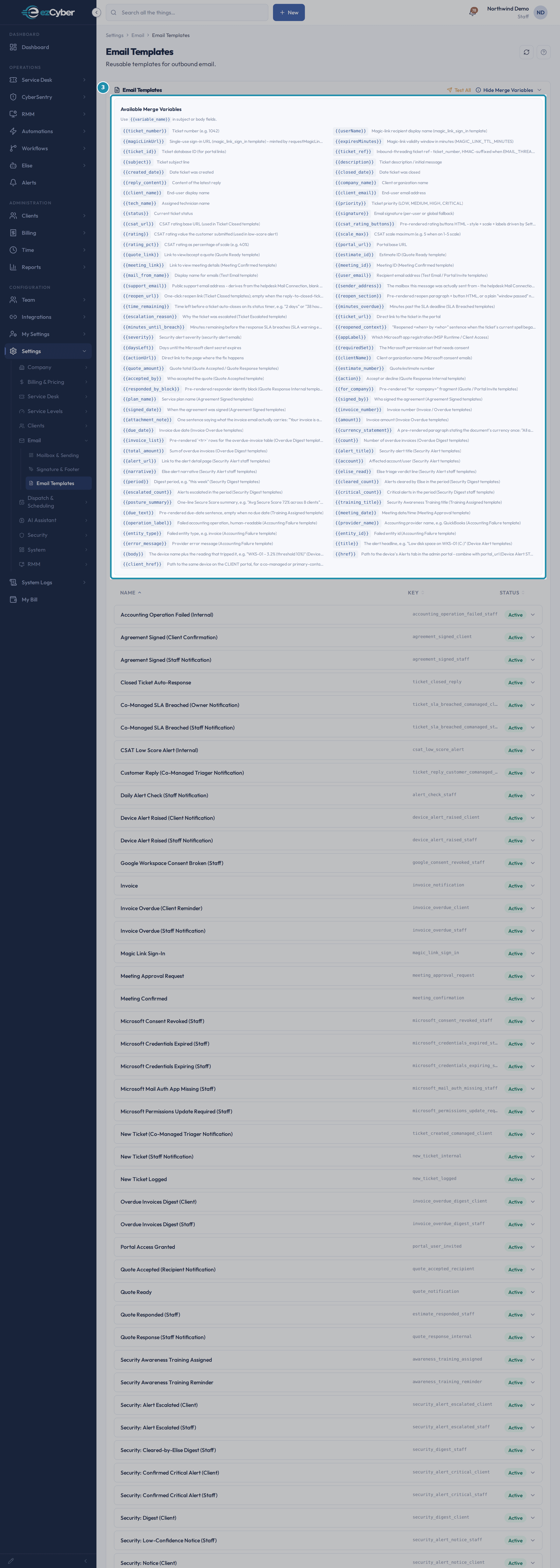 The Available Merge Variables reference panel, boxed, opened above the template list.