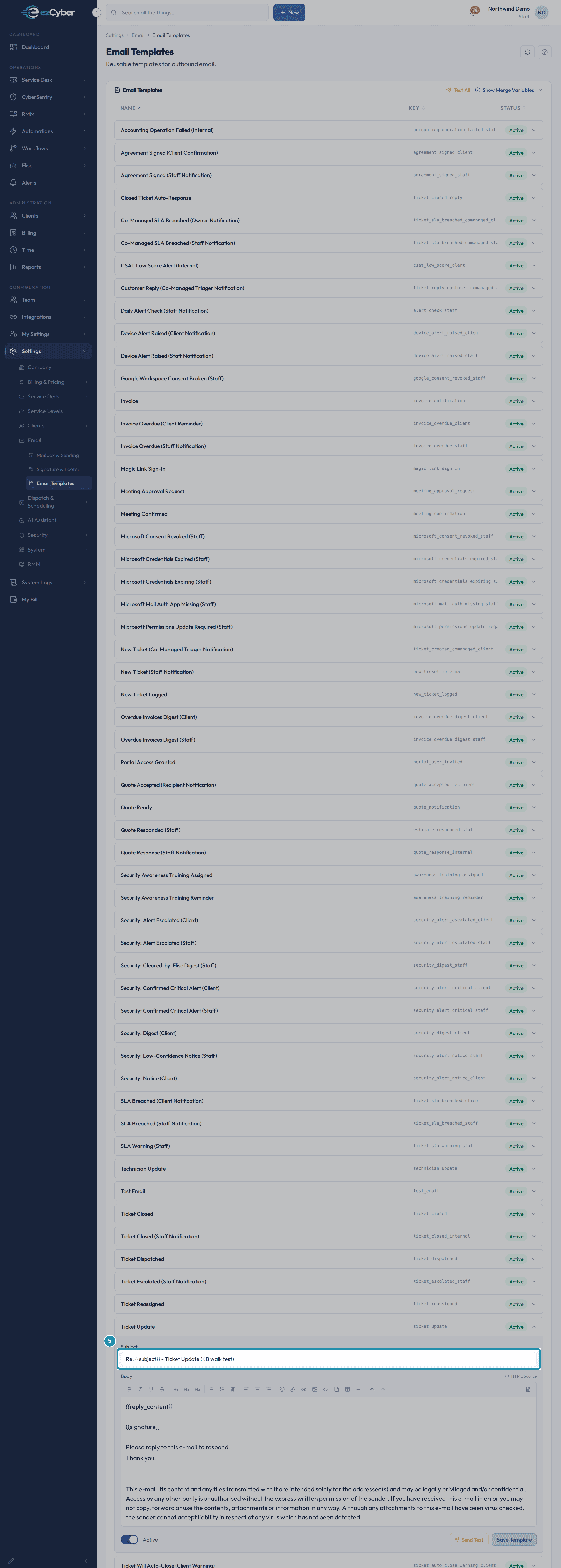 The Subject field showing the saved edit, "Re: {{subject}} - Ticket Update (KB walk test)", boxed.