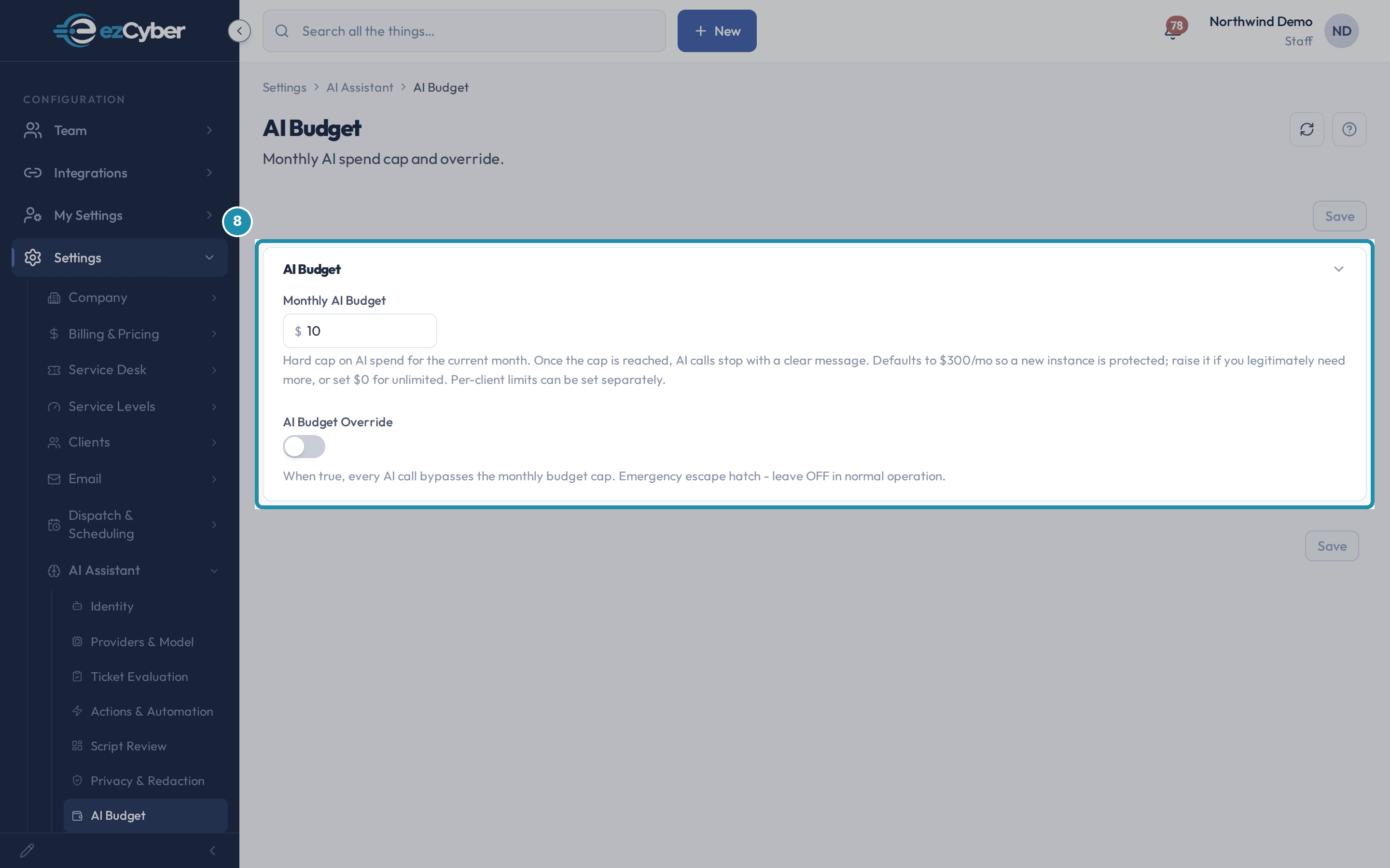 The AI Budget page's Monthly AI Budget field set to $10, with its cap-and-default helper text underneath.