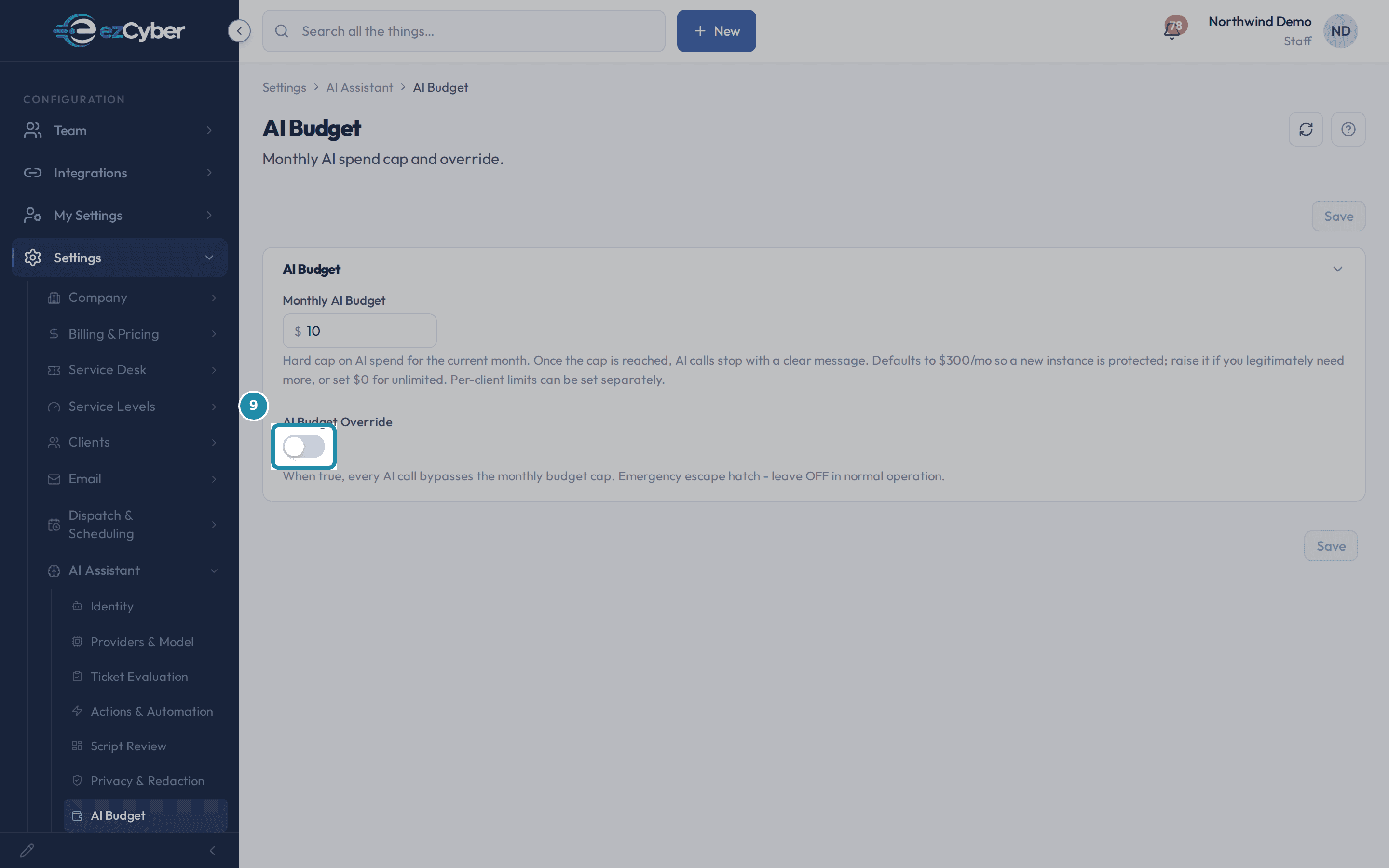 The AI Budget page's AI Budget Override toggle, off, with its bypass-the-cap warning underneath.