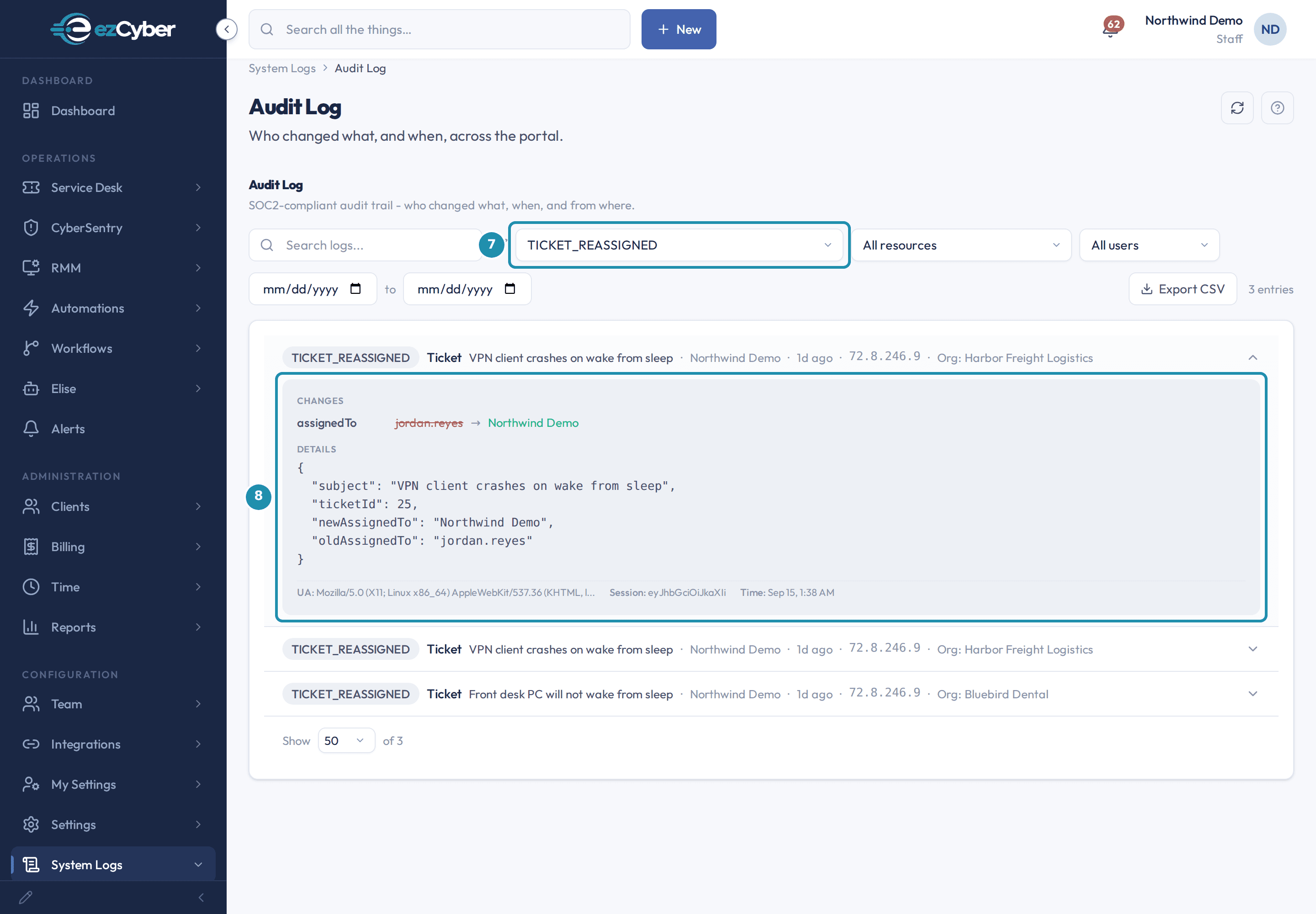 The Audit Log filtered to the TICKET_REASSIGNED action with its first entry expanded, showing the Changes diff, Details, and metadata.