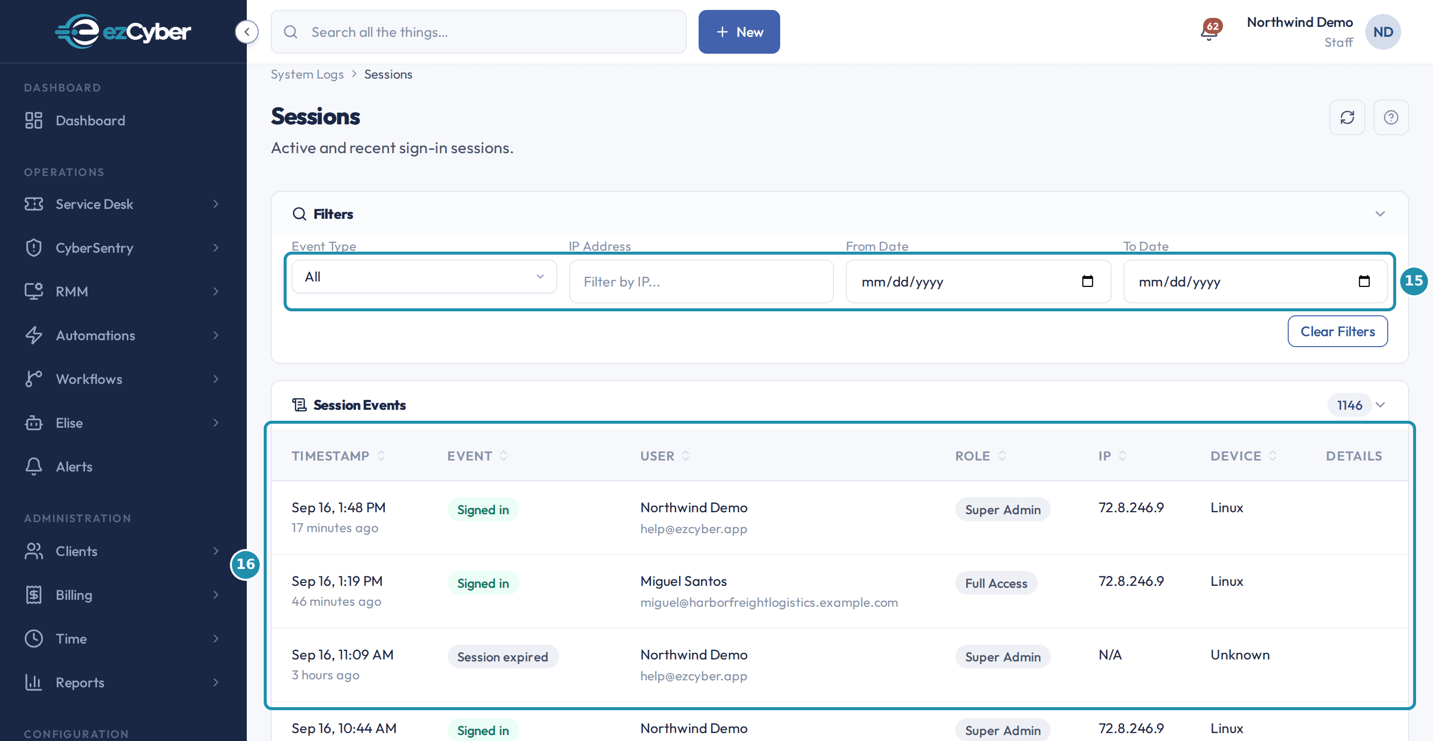 The Sessions page with its Filters panel open, numbered badges on the filter fields and the Session Events table.